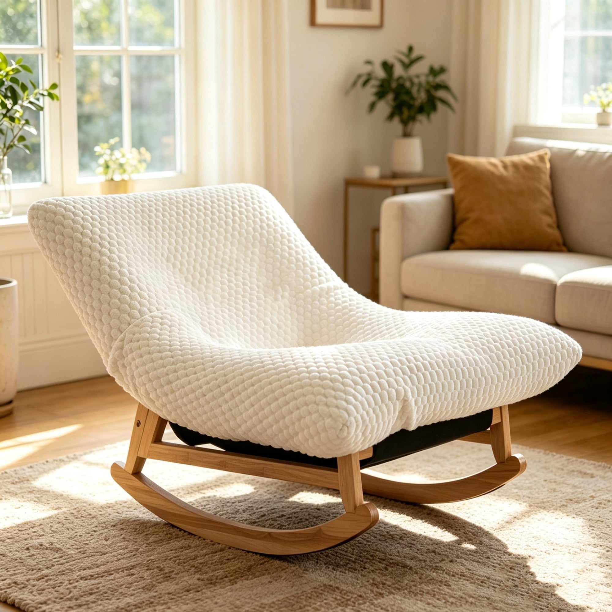 Leumius Accent Chair Rocking Chair with Solid Wood Frame，Corduroy Armless Lazy Sofa Chair,Casual Single Chair for Living Room & Bedroom,White