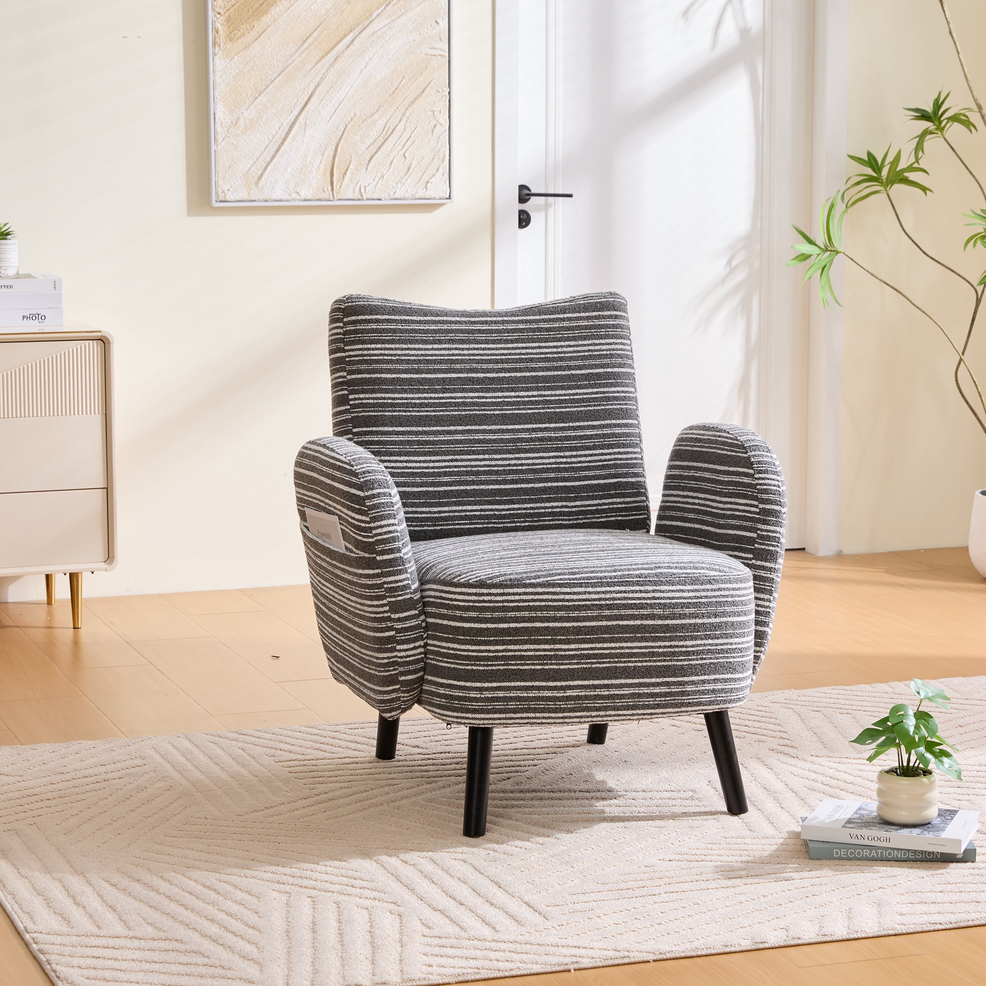Leumius Accent Chair with Side Storage Pocket and Solid Wood Legs, Comfortable Reading Chair with Sanded Fabric for Living Room Bedroom Office Dark Gray
