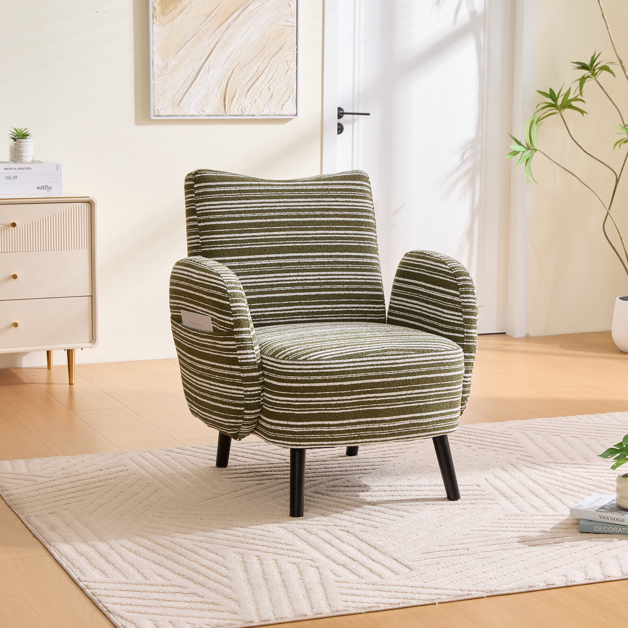 Leumius Accent Chair with Side Storage Pocket and Solid Wood Legs, Comfortable Reading Chair with Sanded Fabric for Living Room Bedroom Office Olive Green