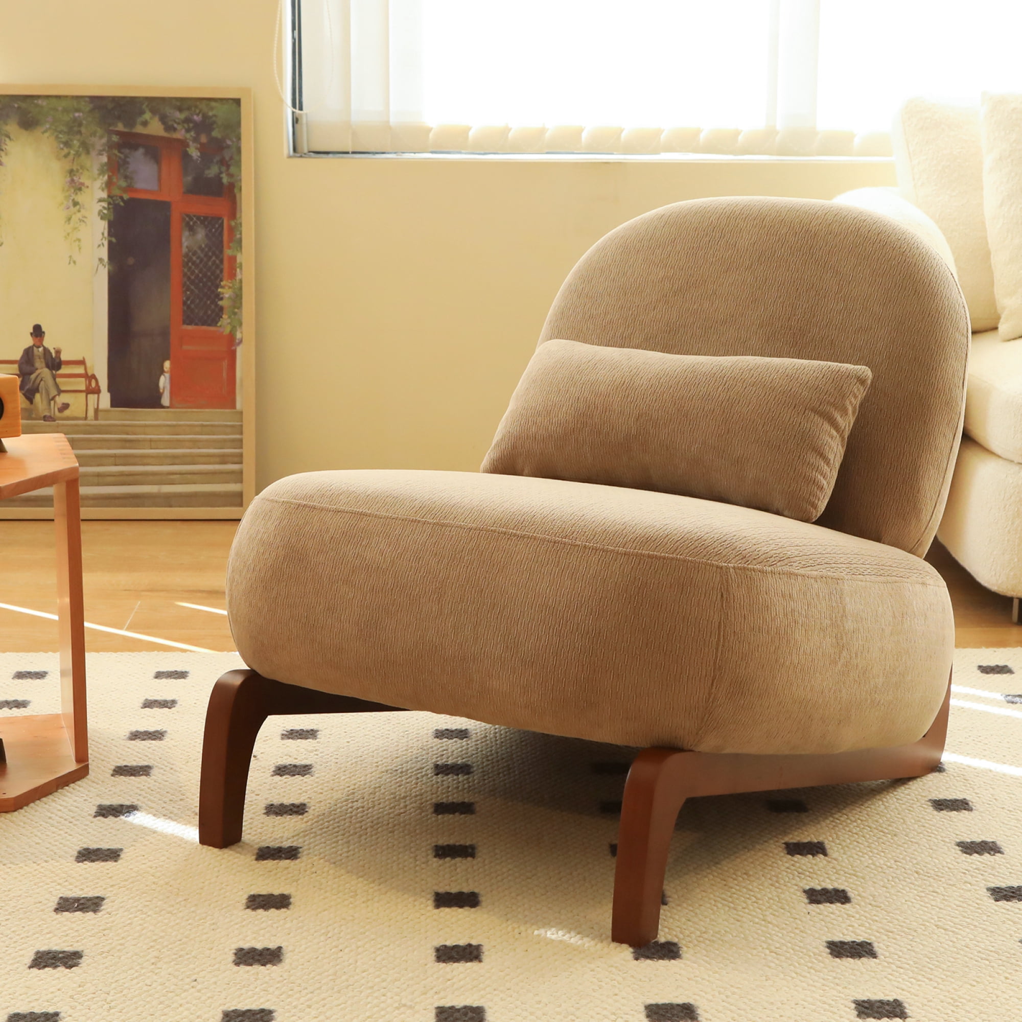 Leumius Accent Chair with Solid Wood Legs and Soft fabric Cushion, Cozy Bedroom Chair, Comfy Armless Reading Chair for Apartment Waiting Room Balcony Camel