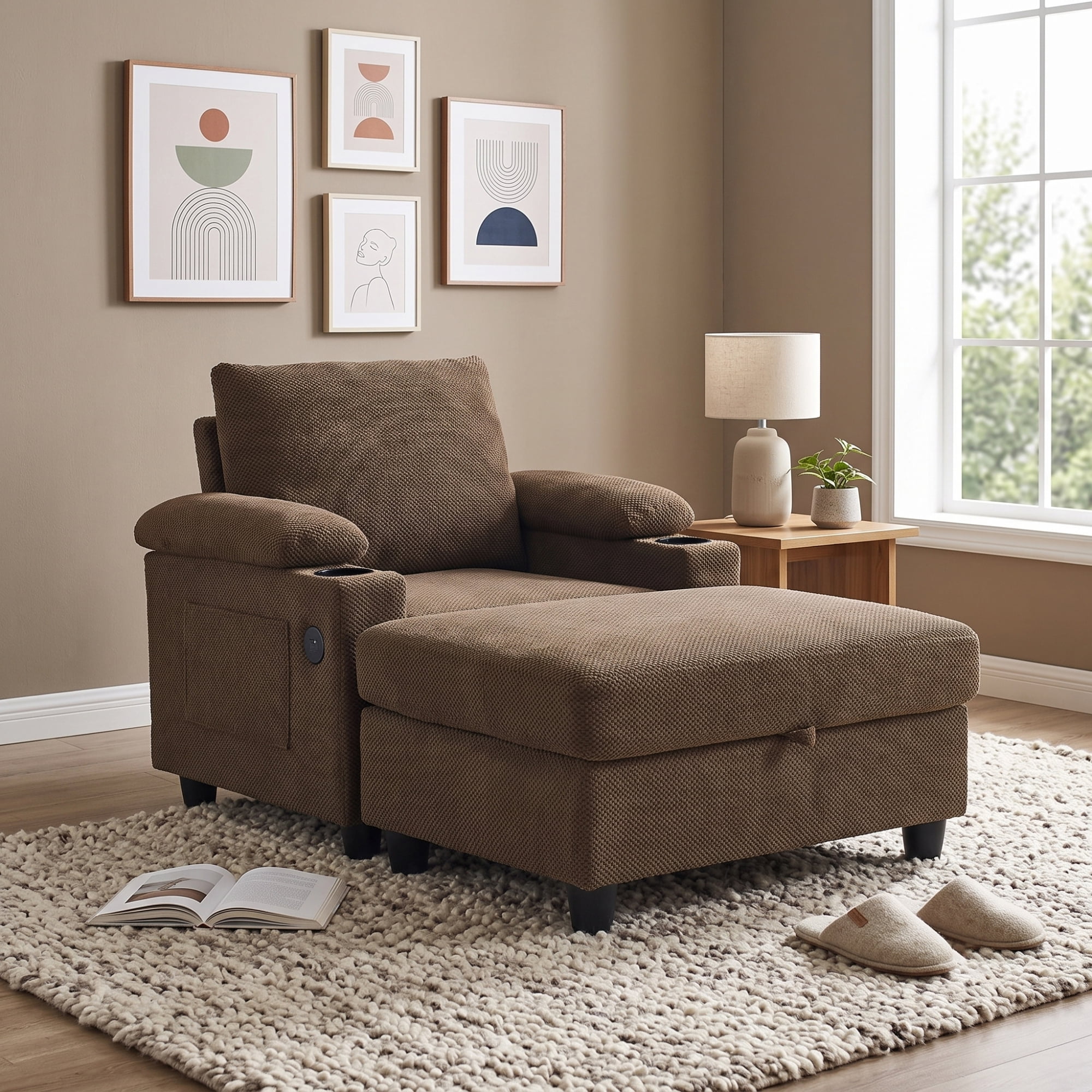 Leumius Accent Chair and Storage Ottoman,Single Sofa Chair with Chaise,Convertible Sleeper Bed W/Reclining Backrest,Cupholders,USB-C Ports,Coffee