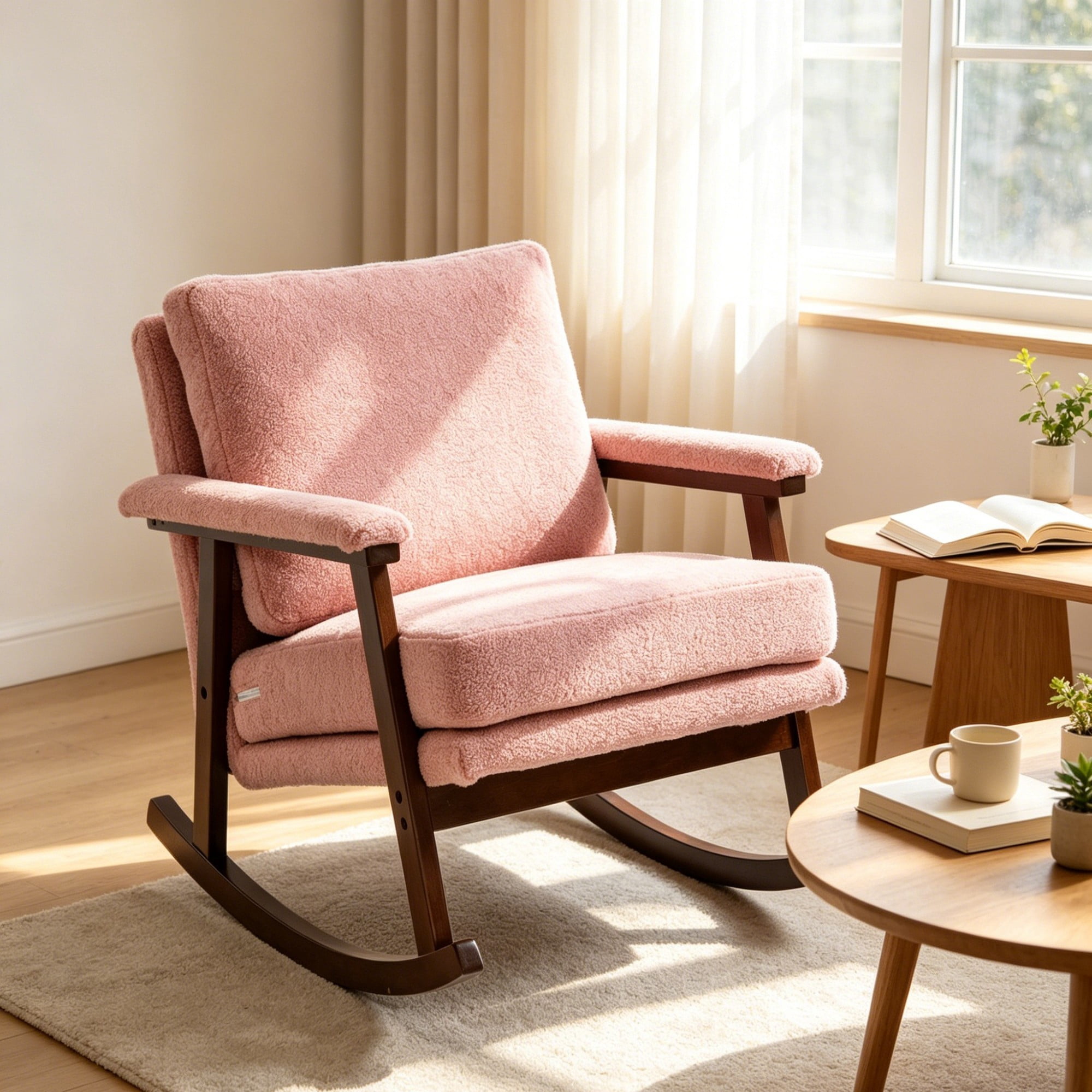 Leumius Accent Rocking Chair with Solid Frame,Modern Upholstered Fabric Accent Chair with High-Density Foam Cushion,Comfy Reading Armchair for Living Room,Bedroom,Pink