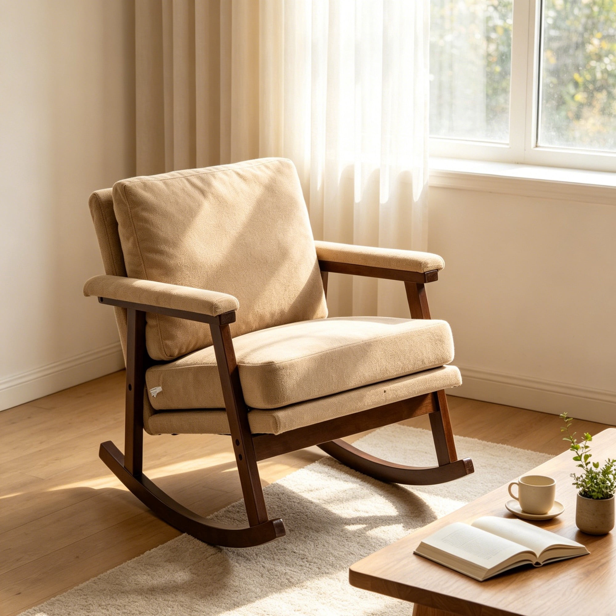 Leumius Accent Rocking Chair with Solid Frame,Modern Upholstered Fabric Accent Chair with High-Density Foam Cushion,Comfy Reading Armchair for Living Room,Bedroom,khaki