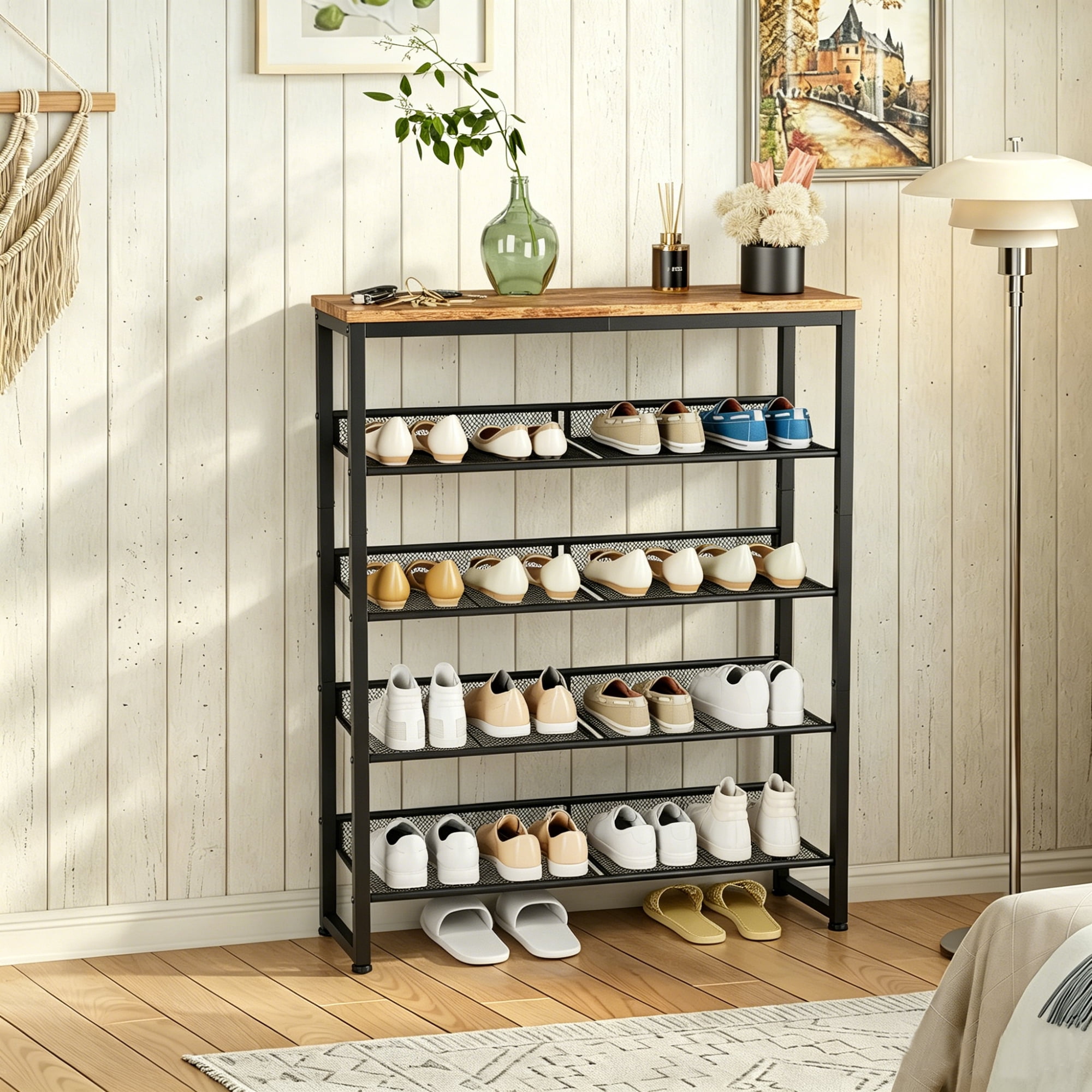 Leumius Adjustable 5-Tier Industrial Shoe Rack, Country Style Shoe Storage Organizer with 4 Mesh Shelves, Freestanding Shoe Rack for Entryway, Porch, Living Room and Bedroom