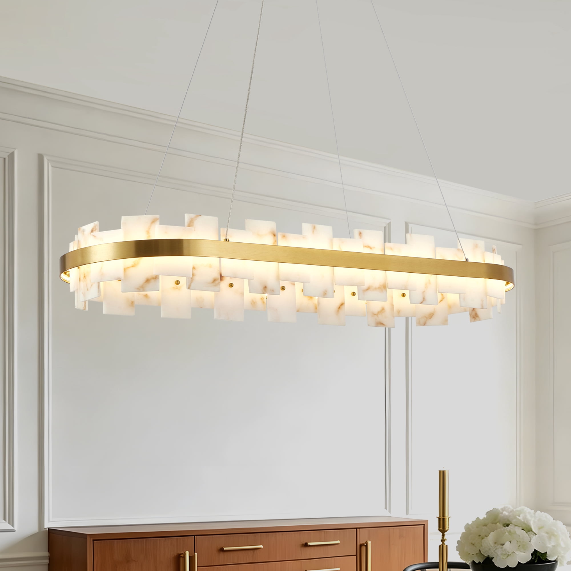 Leumius Alabaster Rectangle Chandelier, Natural Spanish Stone Texture Chandeliers, 46.8" Adjustable Alabaster Chandelier Over Table for Dining Room, Bedroom, Kitchen Island