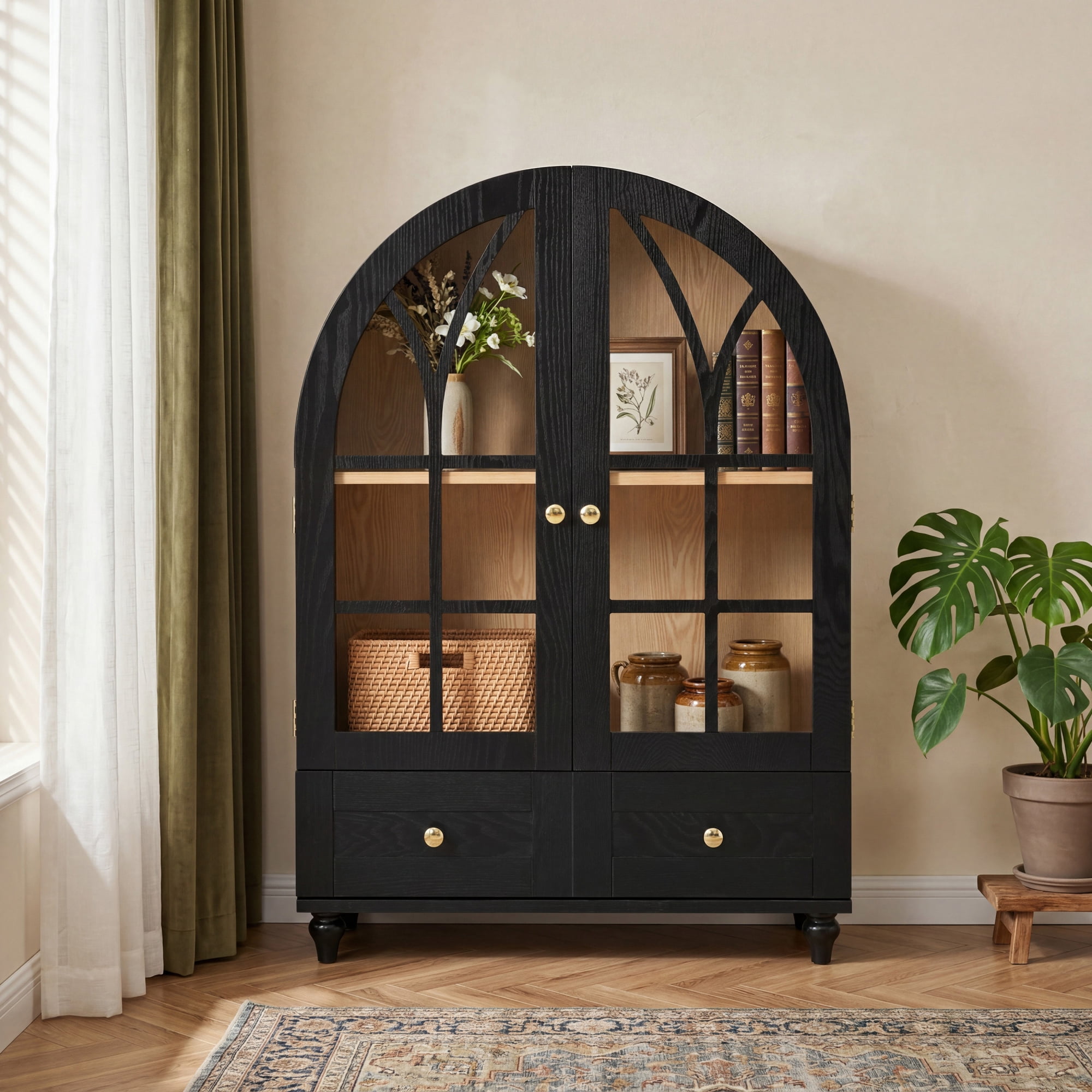 Leumius Arched Display Cabinet with Tempered Glass Doors,Wood Storage Cabinet with Natural Wood Grain Finish, Solid Wood Legs Accent Cabinet with Drawers for Living Room Dining Room Office Black