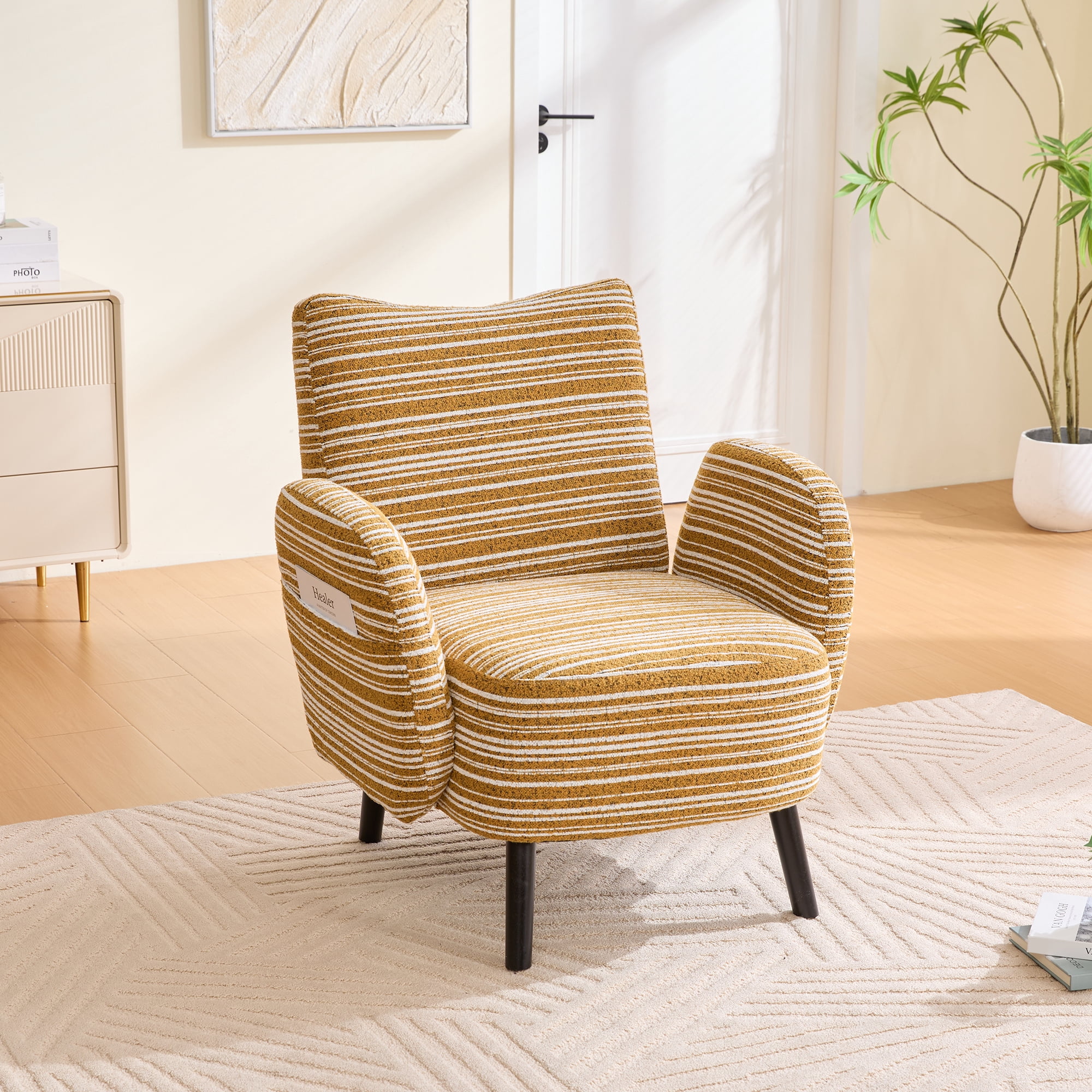 Leumius Armchair with Side Storage Pocket and Solid Wood Legs, Comfortable Reading Chair with Sanded Fabric for Living Room Bedroom Office Mustard Yellow
