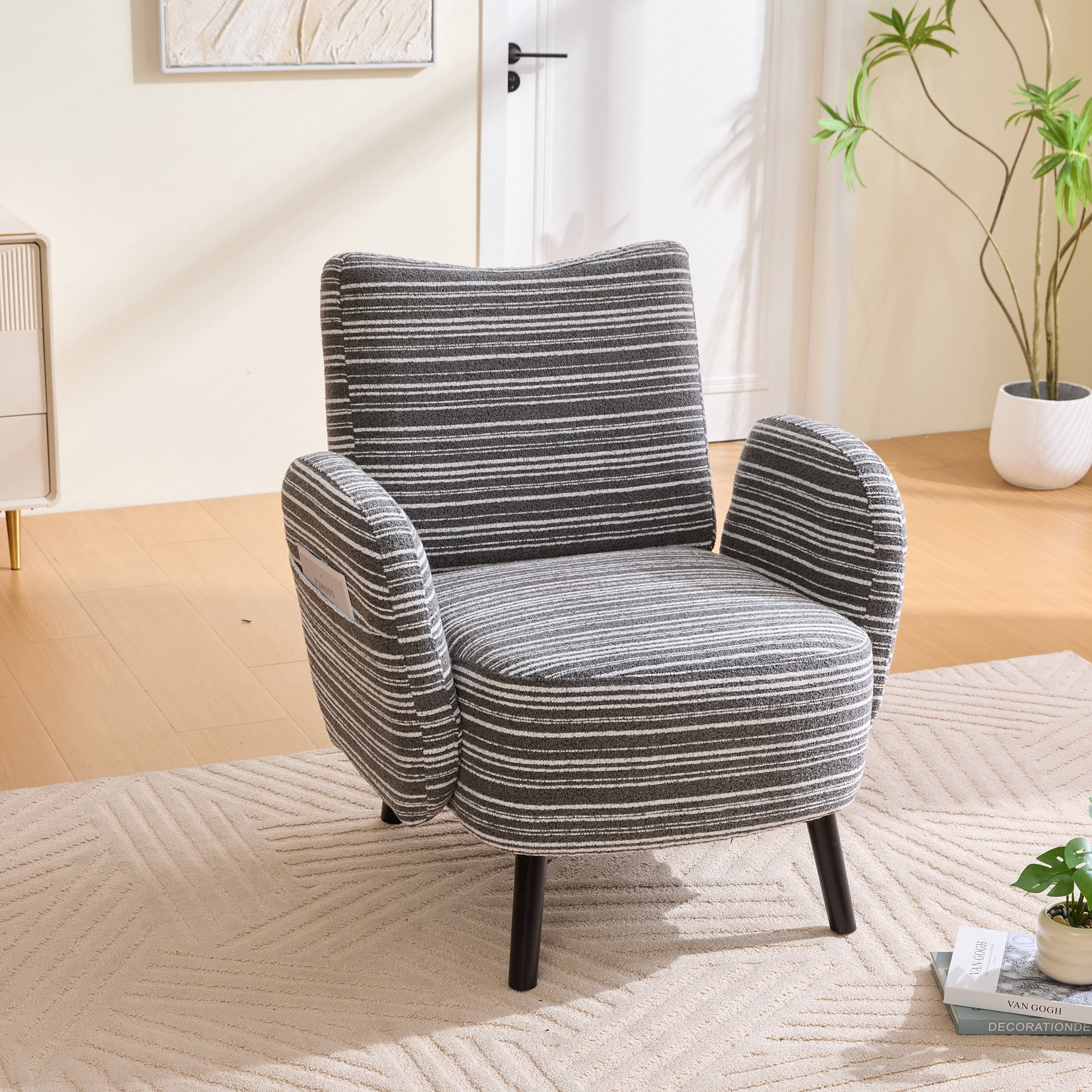 Leumius Armchair with Side Storage Pocket and Solid Wood Legs, Comfortable Reading Chair with Sanded Fabric for Living Room Bedroom Office Dark Gray