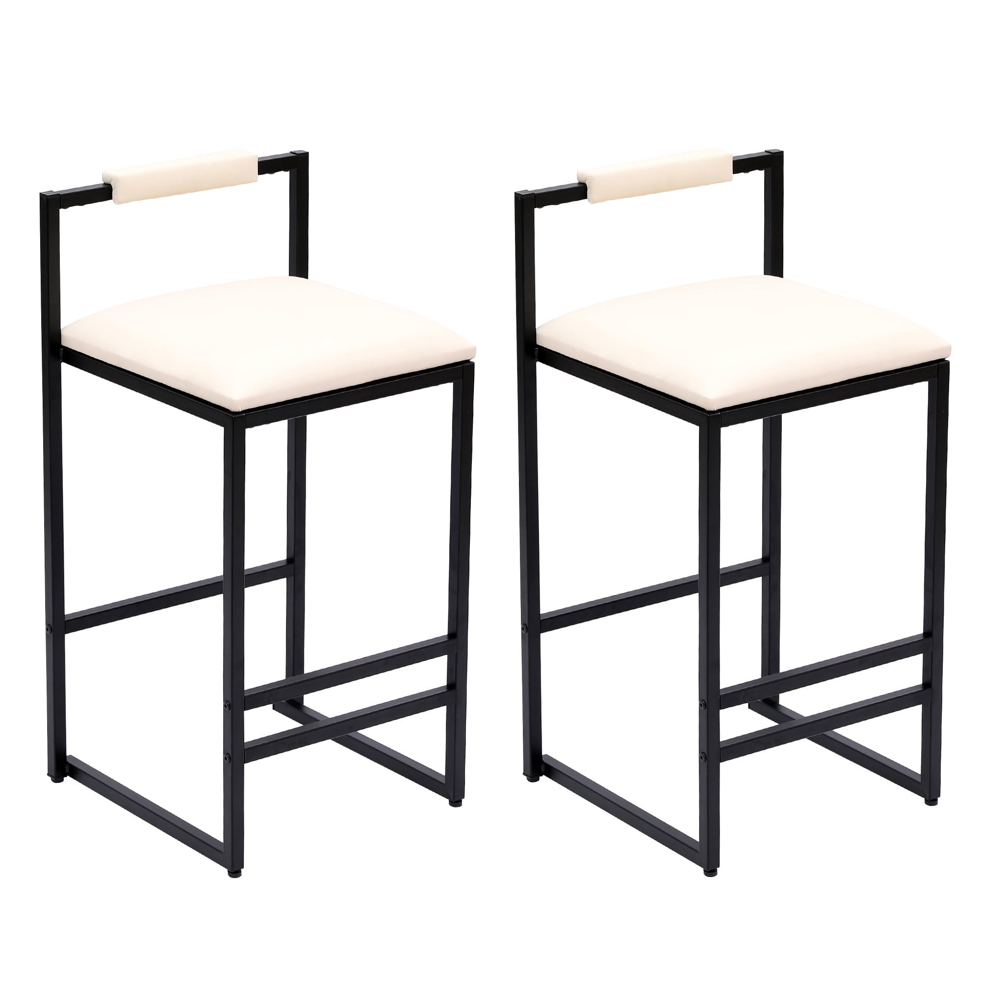 Leumius Bar Stools Set of 2,Faux Leather Upholstered Counter Height Bar Stools,Kitchen Island Stools with Back and Metal Legs,Beige
