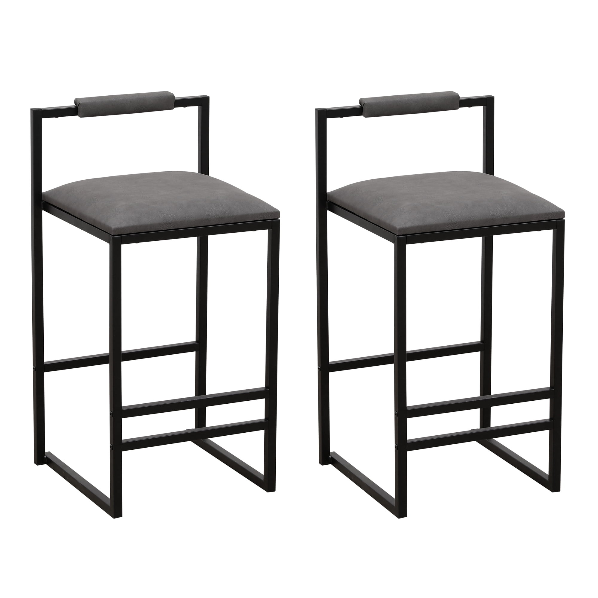 Leumius Bar Stools Set of 2,Faux Leather Upholstered Counter Height Bar Stools,Kitchen Island Stools with Back and Metal Legs,Gray