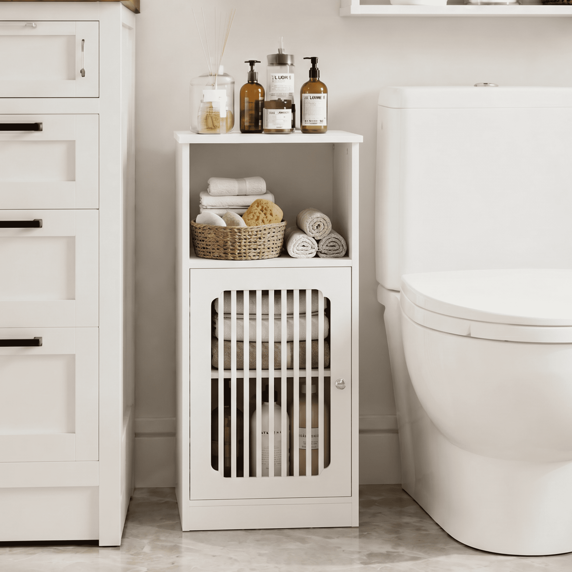 Leumius Bathroom Low Cabinet, Louvered Door Floor-Standing Bathroom Storage Cabinet, Multi-Layer Bathroom Storage Cabinet, White