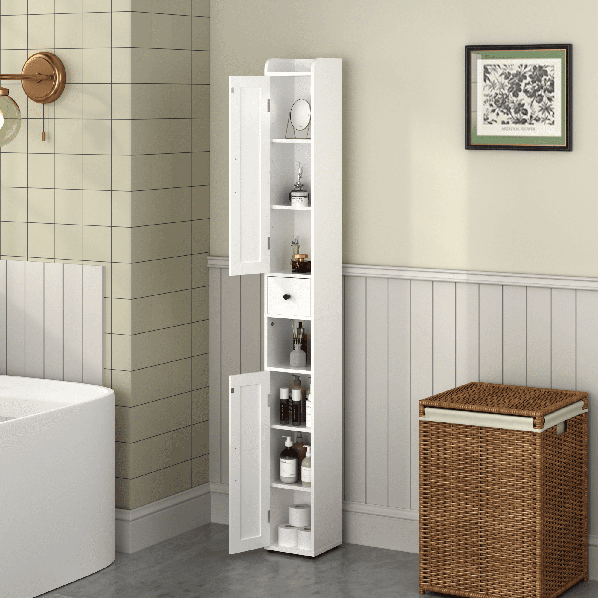 Zimtown White Wooden Bathroom Cabinet, Freestanding Storage