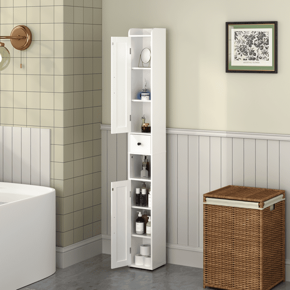 Leumius Bathroom Storage Cabinet Narrow Tall,67.51" Freestanding Cabinet Storage Tower with 2 Door for Small Spaces,Bathroom,White