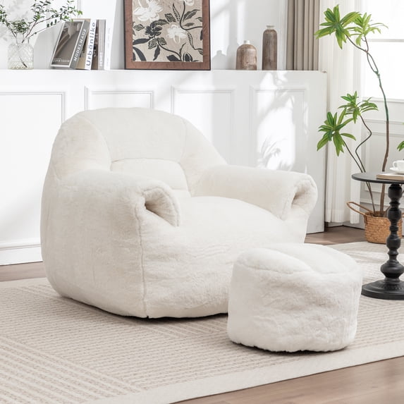 Leumius Bean Bag Sofa with Footstool,Faux Fur Bean Bag Chair Floor Sofa with Back Support for Living Room, Bedroom, Apartment,White