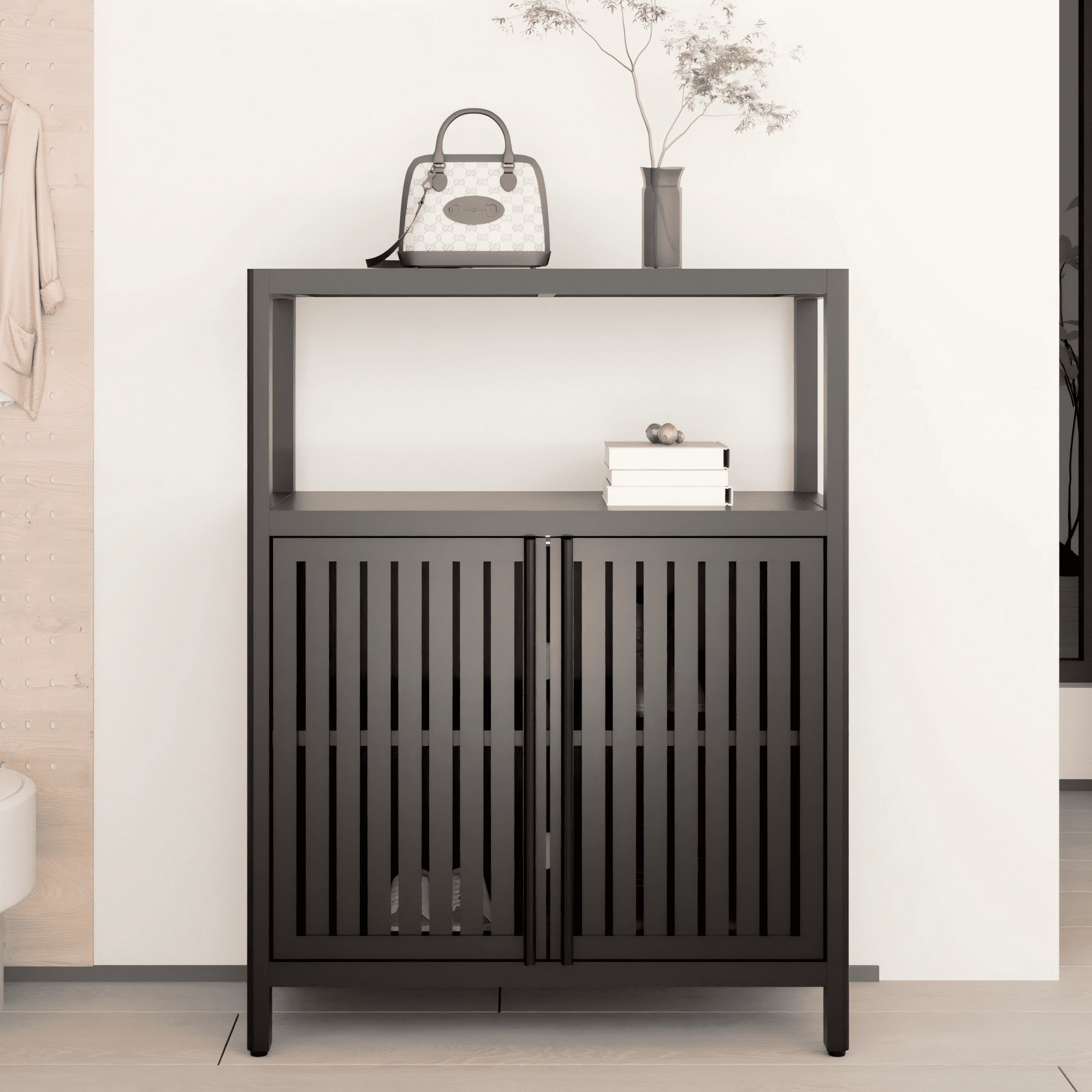 Leumius Black Bathroom Storage Cabinet,Bamboo Storage Cabinet with Doors for Bathroom Living Room