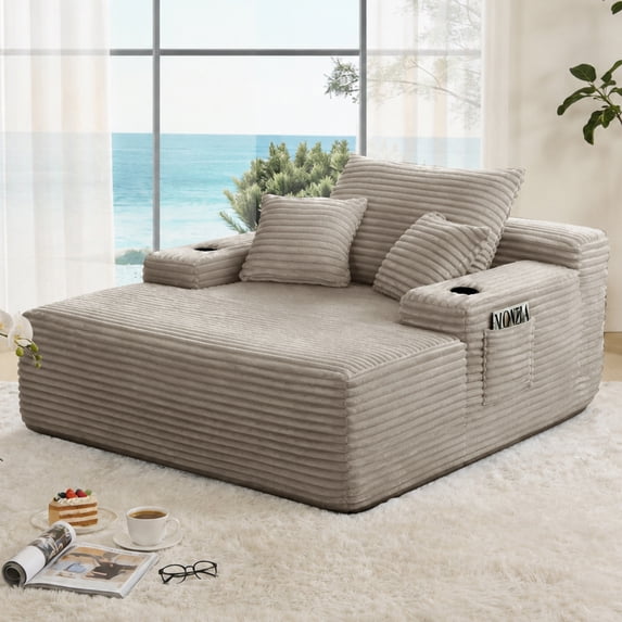 Leumius Boneless Couch, Lounge Chair corduroy with Wide Armrest & Throw Pillows, Cozy Boneless Sleeper Sofa Bed Armchair with Cup Holder for Living Room, Bedroom, No Assembly Required,Coffee