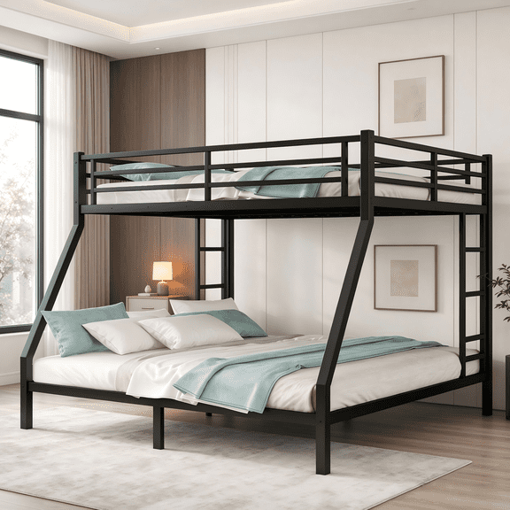 Leumius Bunk Bed Queen over King, Heavy Duty Metal Bunk Bed Frame with Sturdy Guardrail and Ladders, Space-Saving, No Box Spring Needed, Black