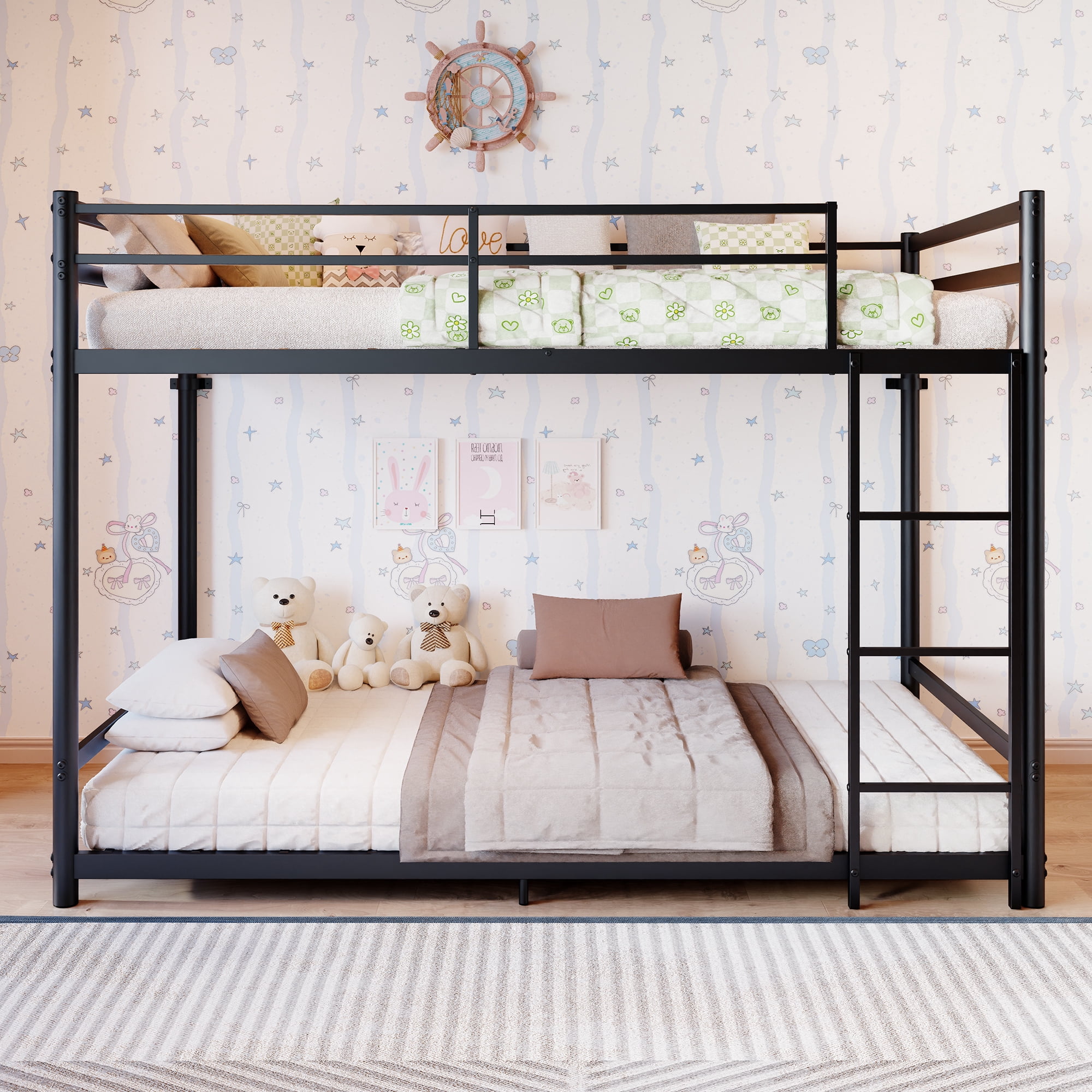Leumius Bunk Bed Twin Over Twin, Metal Twin Size Bed Frame with Safety Guardraild for Boys Girls, Junior, Low Profile Space Saving Design,Black