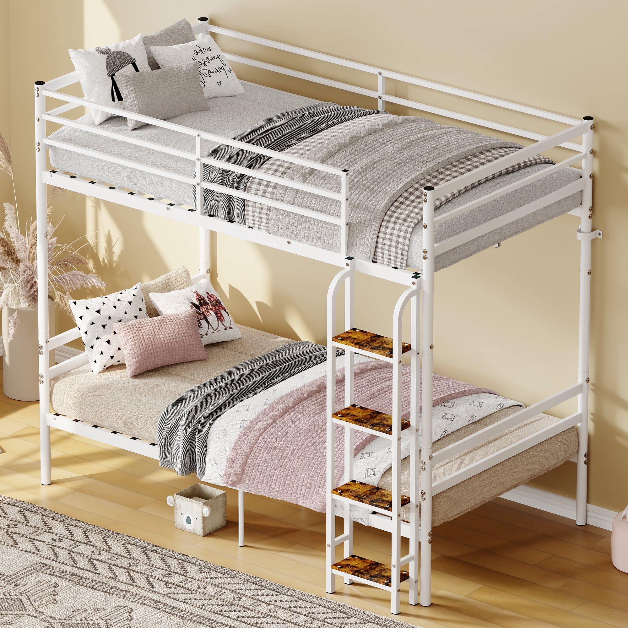 Leumius Bunk Beds Twin Over Twin,Heavy-Duty Bunk Bed with Safety Guardrail & Ladder,Metal Slats Support,No Box Spring Needed,White