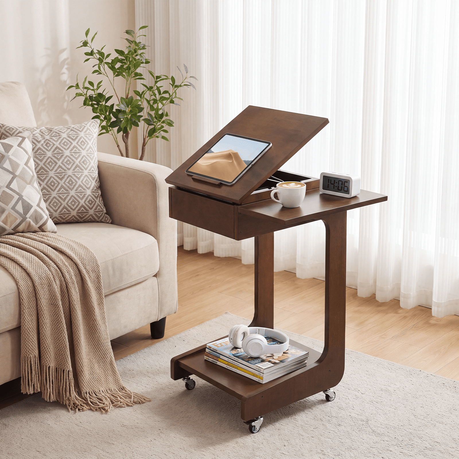 Leumius C Shaped End Table,Wood Rolling Side Table with 360° Adjustable & Foldable Desktop, Couch Table for Living Room, Bedroom, Office, Walnut