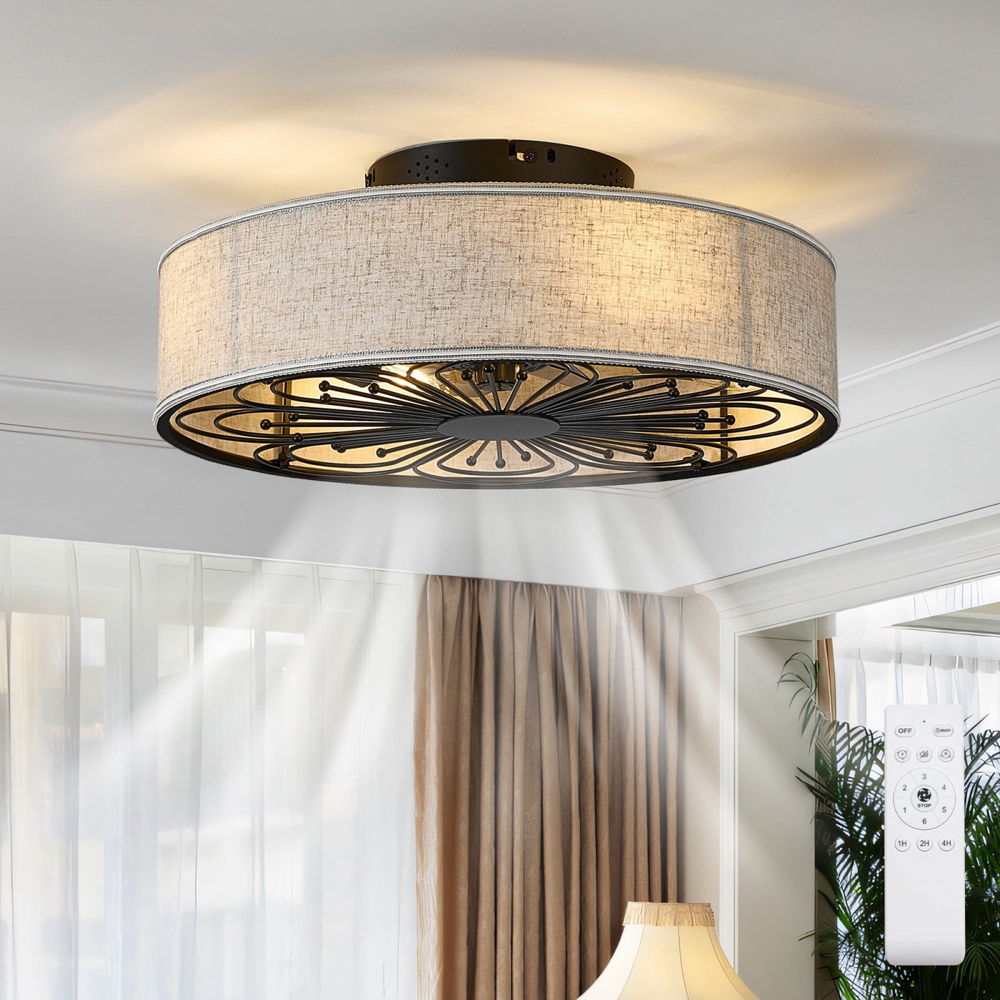Leumius Caged Ceiling Fans with Lights Flush Mount,Low Profile Ceiling Fan with Remote,20 Inch Farmhouse White Ceiling Fan for Bedroom,6 Speeds Reversible Silent Fandalier (Bulb Not Included)