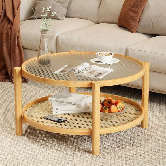 Leumius Caning Coffee Table,Boho Rattan 2-Tier Wood Coffee Table with Glass Top for Living Room,Office,Natural