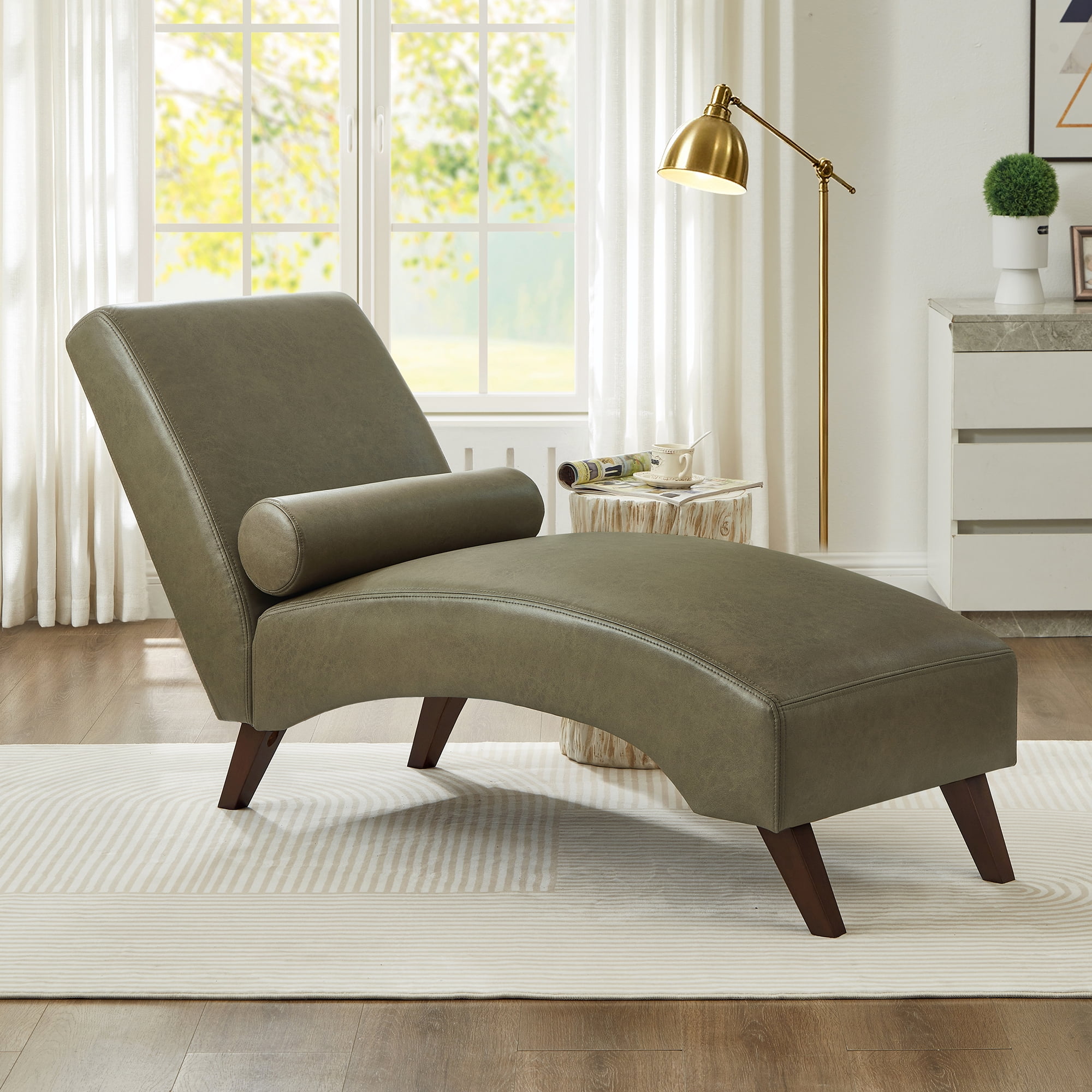 Leumius Chaise Lounge Chair with Bolster Pillow, Upholstered in Premium Tech Fabric, Mid-Century Modern Curved Lounger for Living Room, Bedroom and Reading Nook Olive Green
