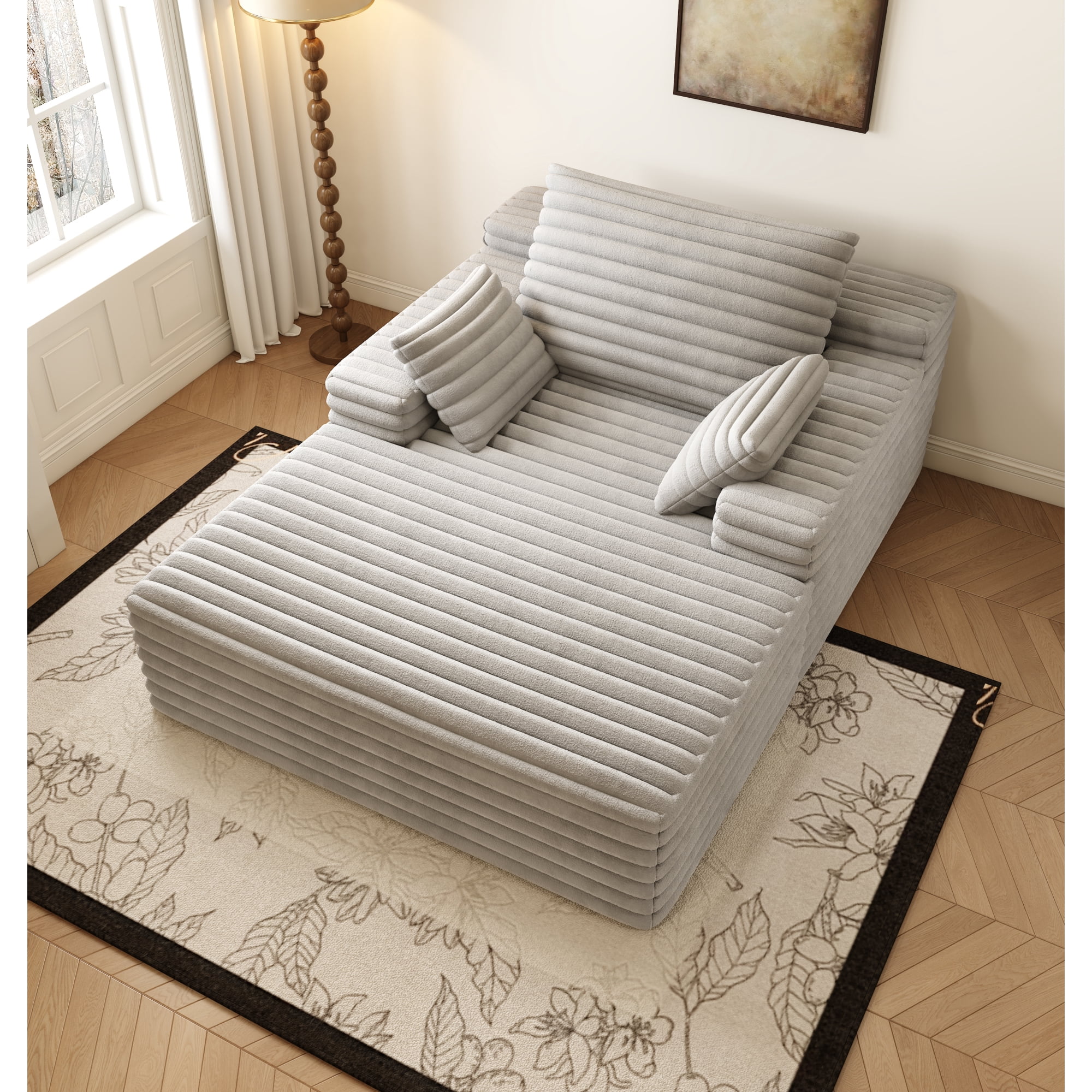 Leumius Chaise Lounge Chair Indoor,Oversized Boneless Lounge Chair with 3 Pillows,Corduroy Cloud Couch Chair with Deep Seat for Living Room Bedroom,No Assembly Required,Grey