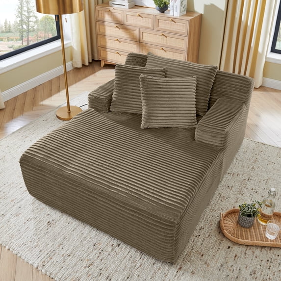 Leumius Chaise Lounge Chair Indoor,Oversized Corduroy Upholstered Boneless Sofa Bed, Modern Deep Seat Sofa with Back Cushion, Pillows, Cozy Sleeper Couch for Living Room, No Assembly Required,Brown