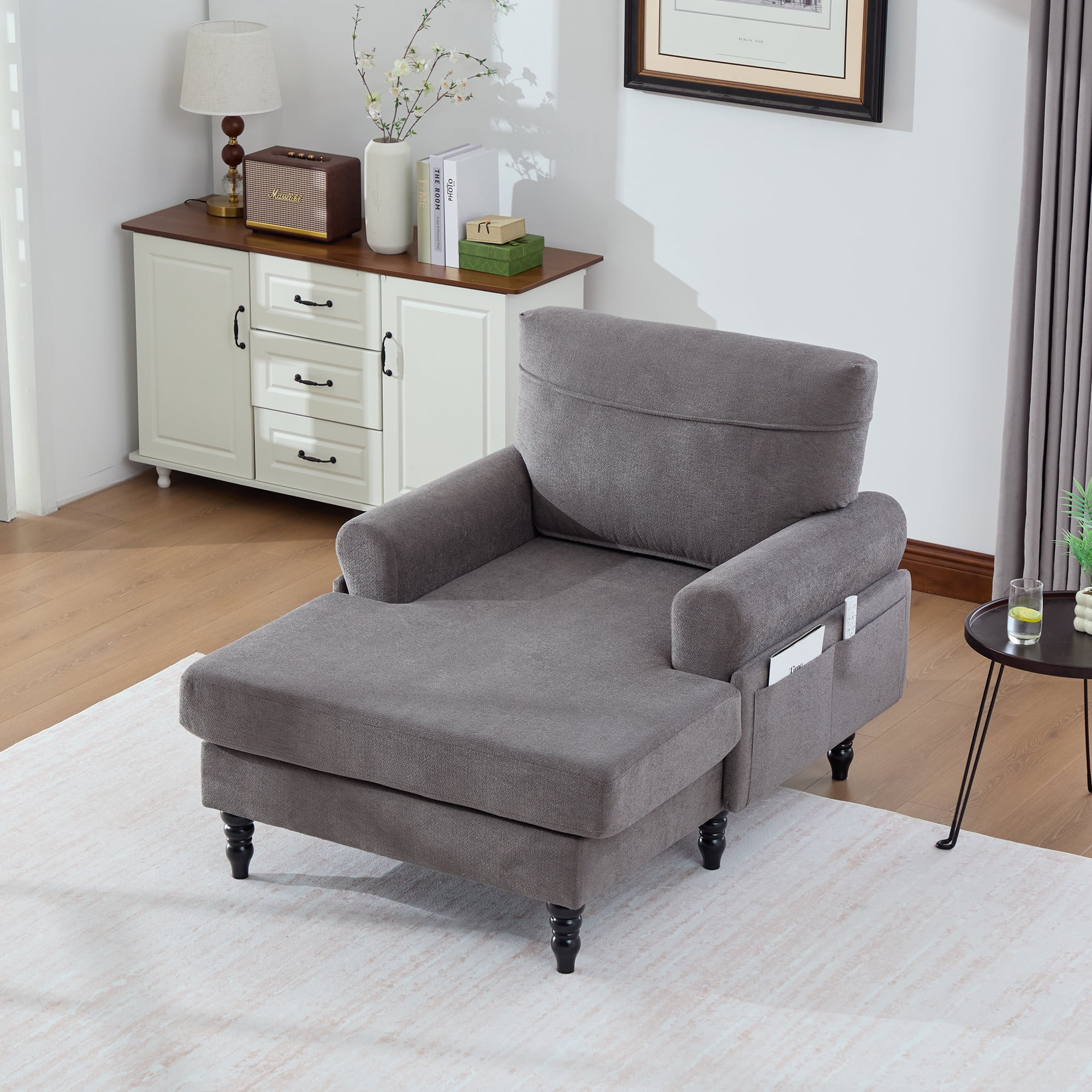 Leumius Chaise Lounge Indoor,Plush Chenille Upholstered Single Sofa Bed with Wooden Sofa Legs and Armrests,Armchairs Reading Chairs for Living Room,Dark Gray