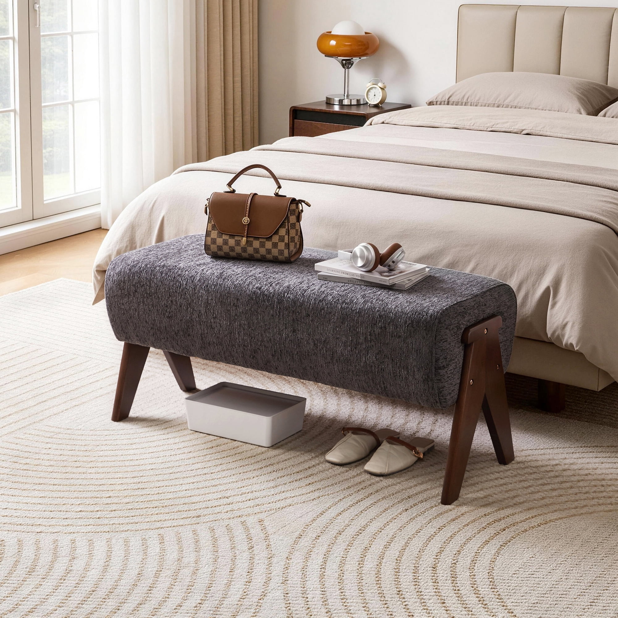 Leumius Chenille Bench,Modern Upholstered with Ergonomic Padded and Solid Wood Legs,Ottoman Bench for Foyer Bedroom Living Space,Entry,Gray