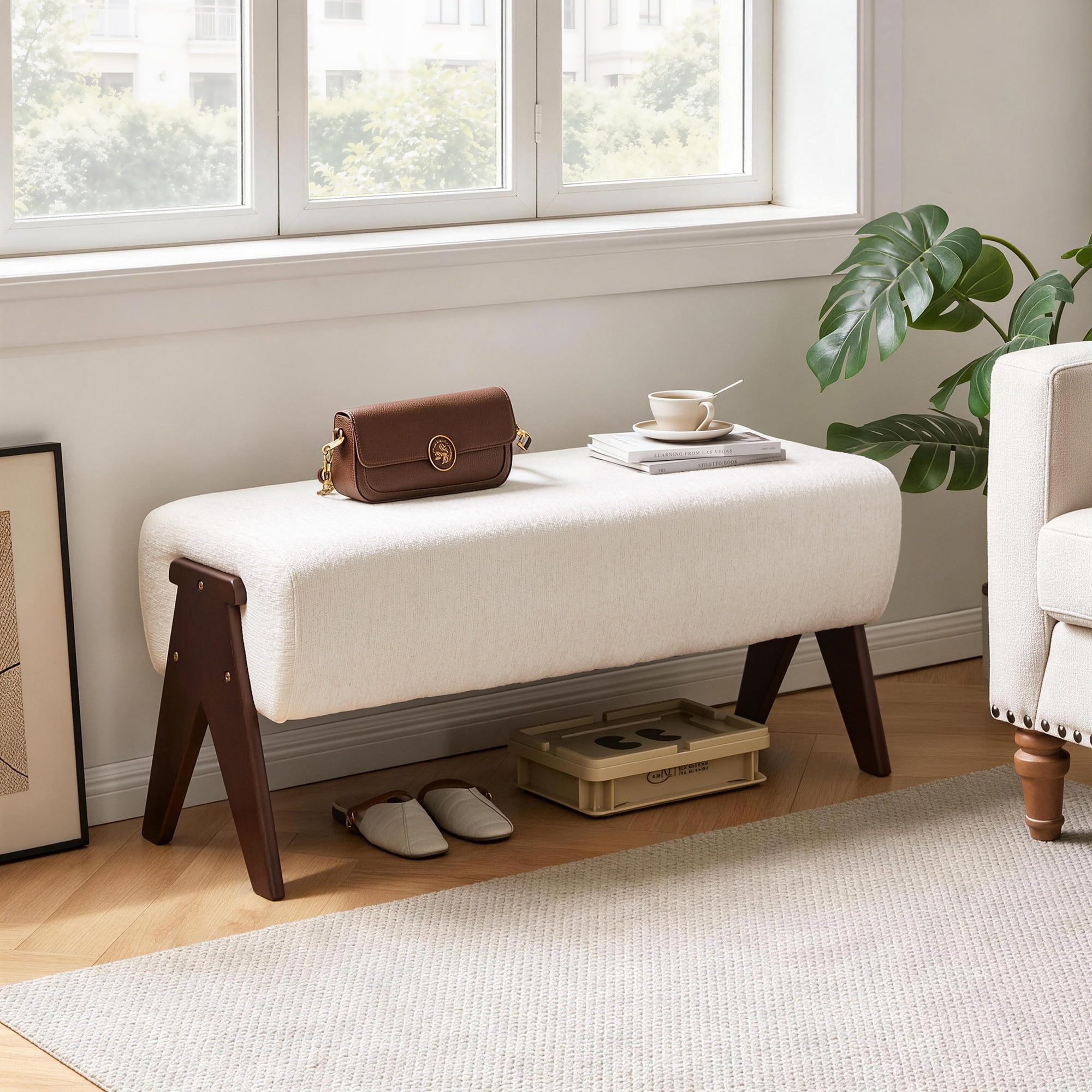 Leumius Chenille Bench,Modern Upholstered with Ergonomic Padded and Solid Wood Legs,Ottoman Bench for Foyer Bedroom Living Space,Entry,White