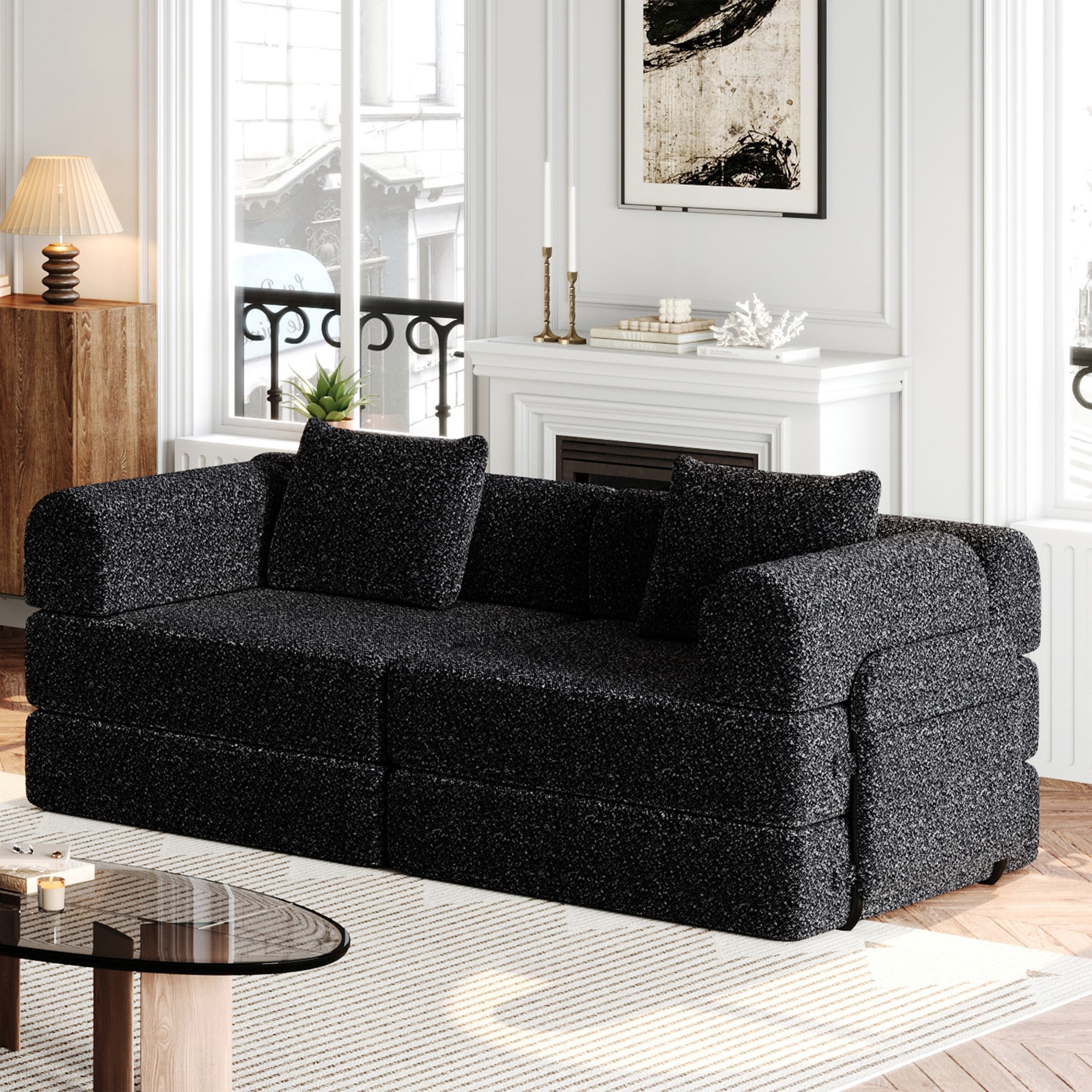 Leumius Chenille Convertible Sofa Bed,72" Folding Sleeper Couch with Two Side Storage Pockets for Living Room,Bedroom,Black