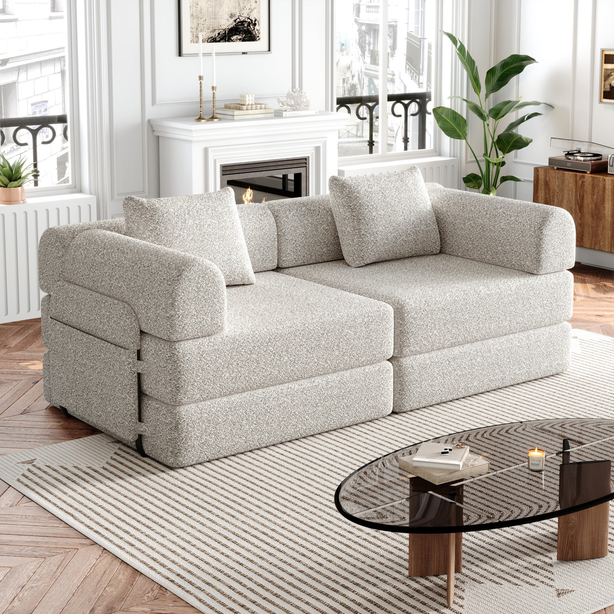 Leumius Chenille Convertible Sofa Bed,72" Folding Sleeper Couch with Two Side Storage Pockets for Living Room,Bedroom,Light Khaki
