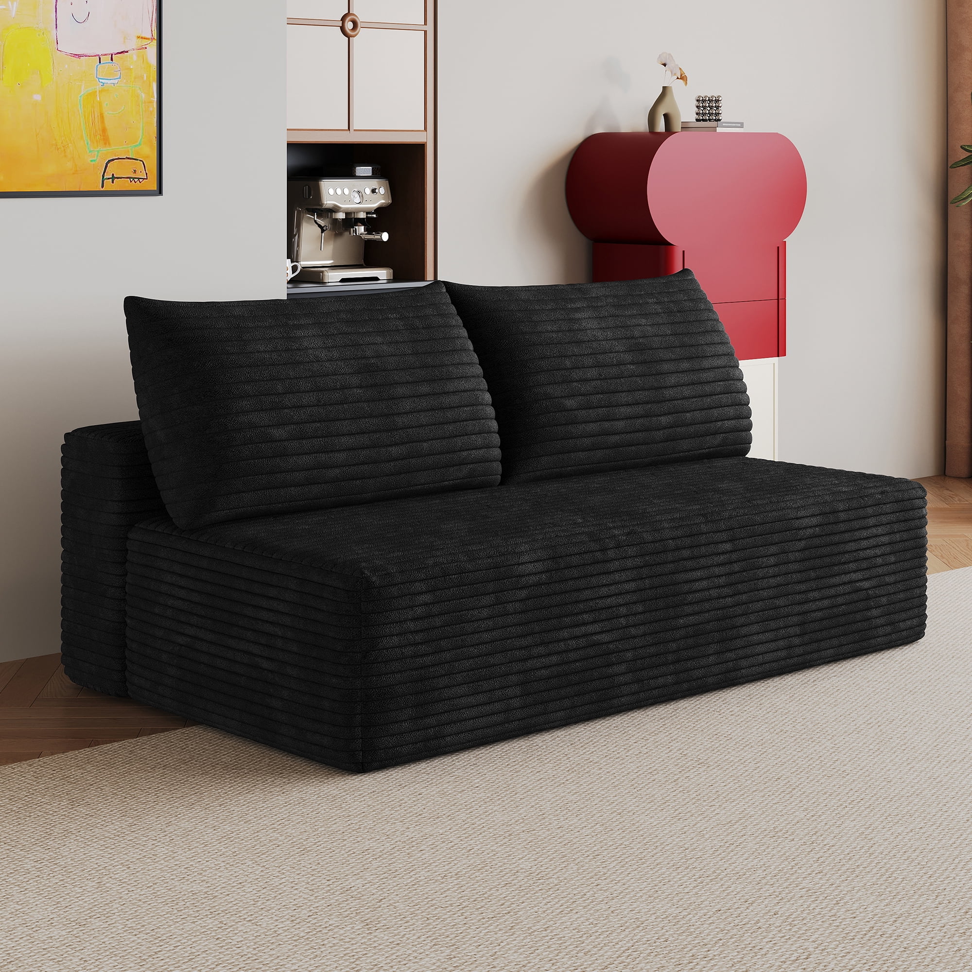 Leumius Cloud Sectional Couch,Modern Modular Sofa with Deep Seat and Backrest,Upholstered Plush Corduroy Fabric Sofa Couch with 2 Pillows for Living Room Bedroom,No Assembly,Black