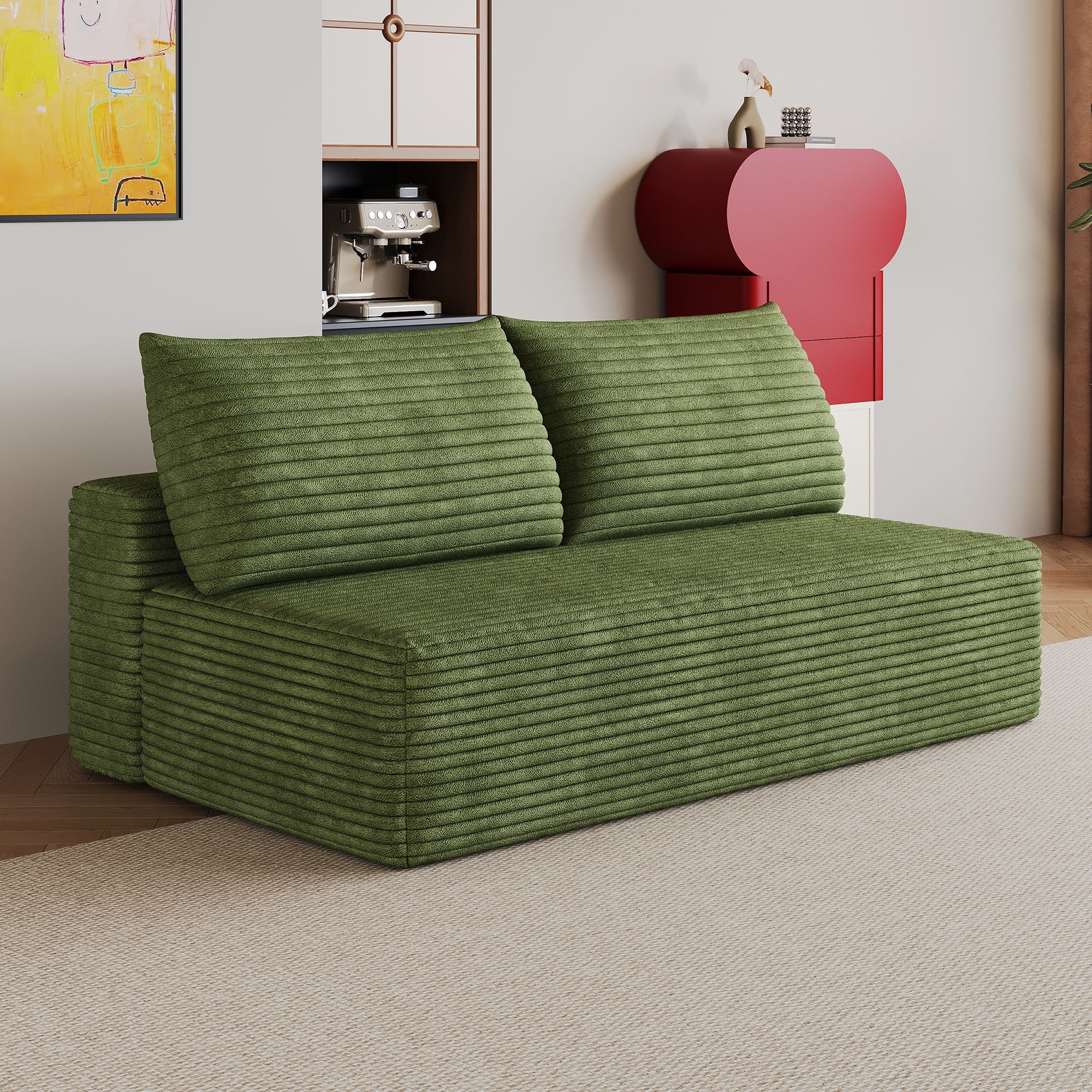 Leumius Cloud Sectional Couch,Modern Modular Sofa with Deep Seat and Backrest,Upholstered Plush Corduroy Fabric Sofa Couch with 2 Pillows for Living Room Bedroom,No Assembly,Green
