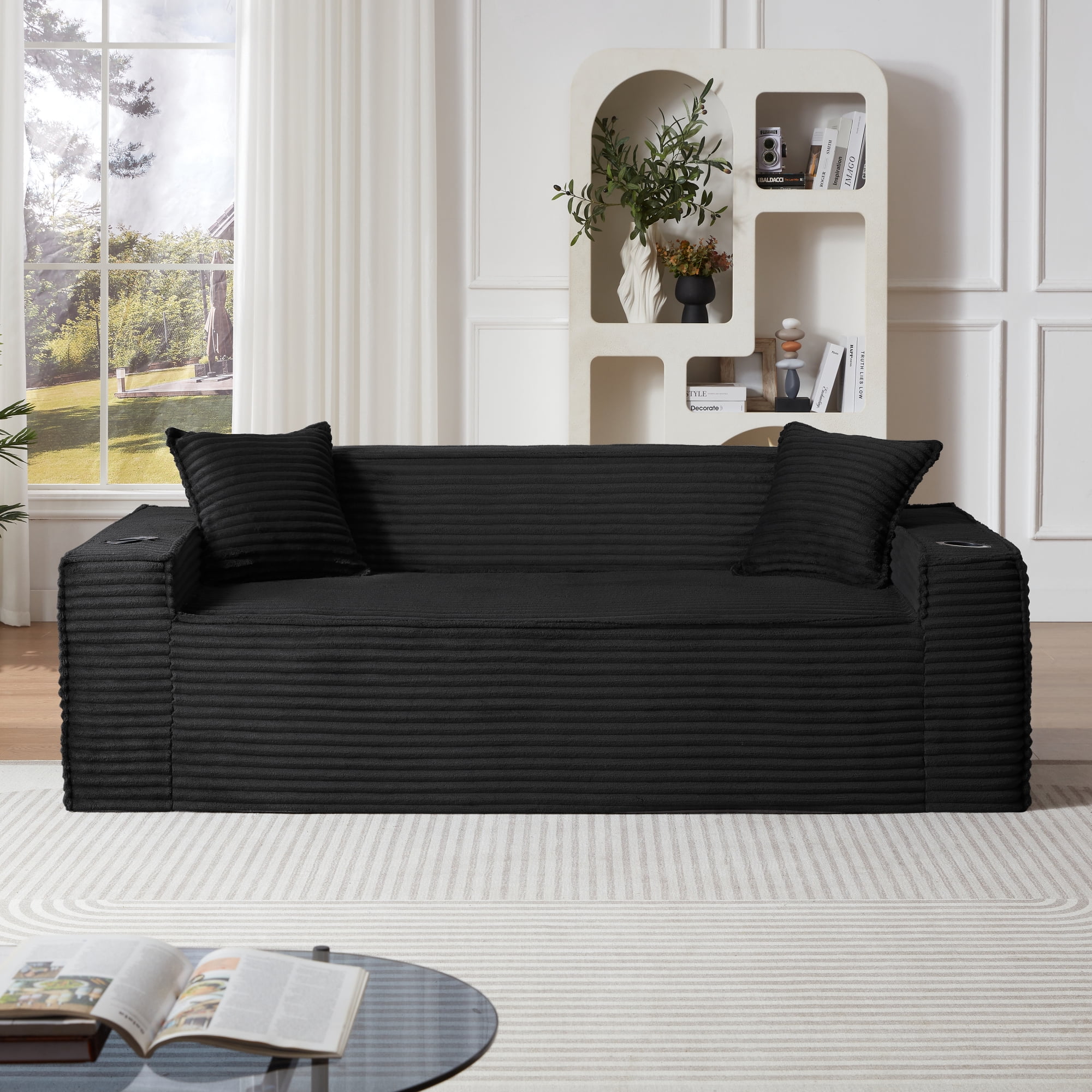 Leumius Cloud Sofa,3 Seater Boneless Couch with Cupholders,Upholstered Corduroy Fabric Modern Loveseat with Deep Seats for Living Room Bedroom,Black