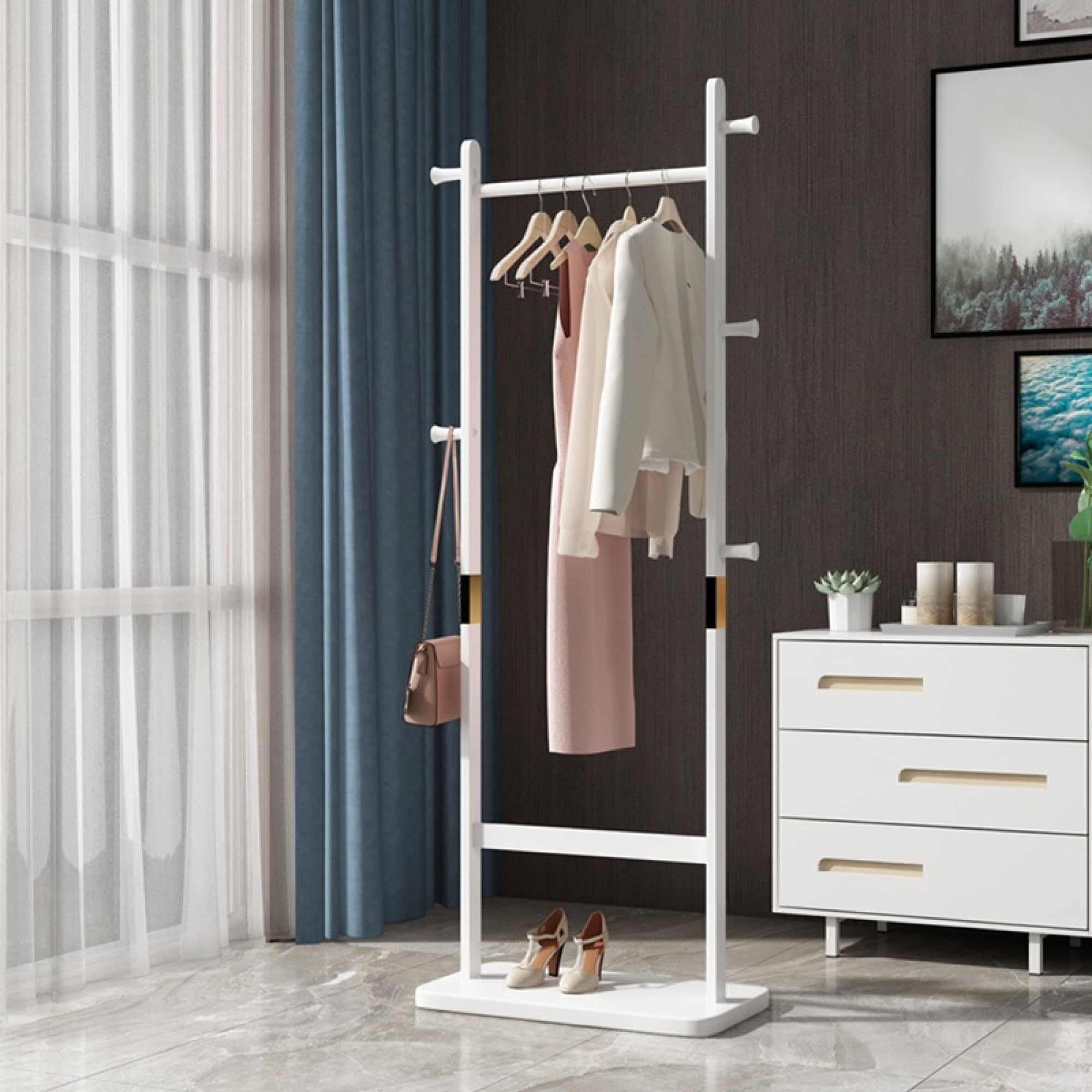 Leumius Coat Racks, 23.6* 11*71 in Solid Wood Hanger, Solid Environmental Protection Easy to Assemble for Bedroom Entrance Living Room (White)