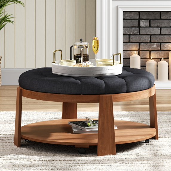 Leumius Coffee Table,2-Tier Round Oversized Button Tufted Ottoman with Wood Shelf Storage for Living Room,Black+Brown