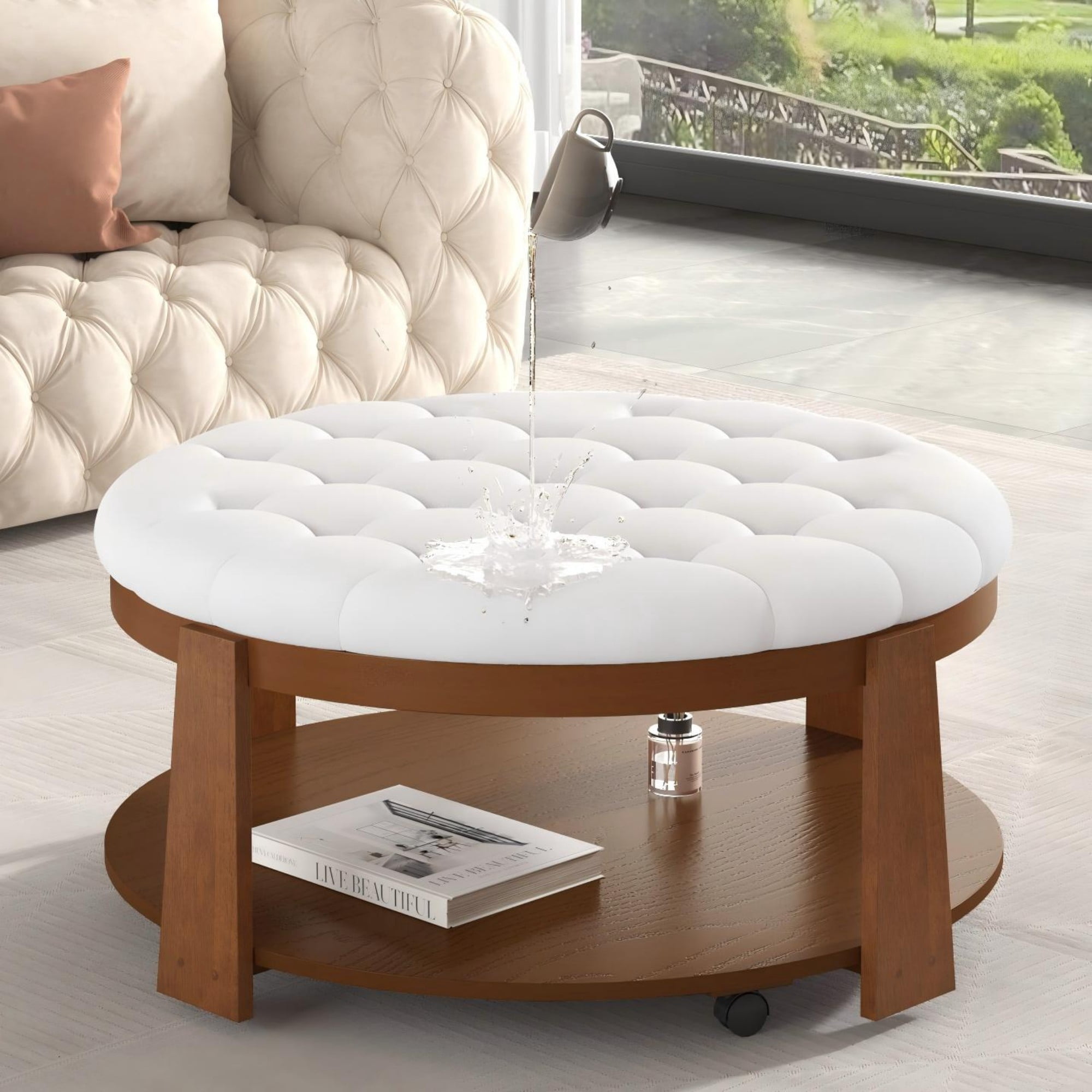 Leumius Coffee Table,2-Tier Round Oversized Button Tufted Ottoman with Wood Shelf Storage for Living Room,Ivory White