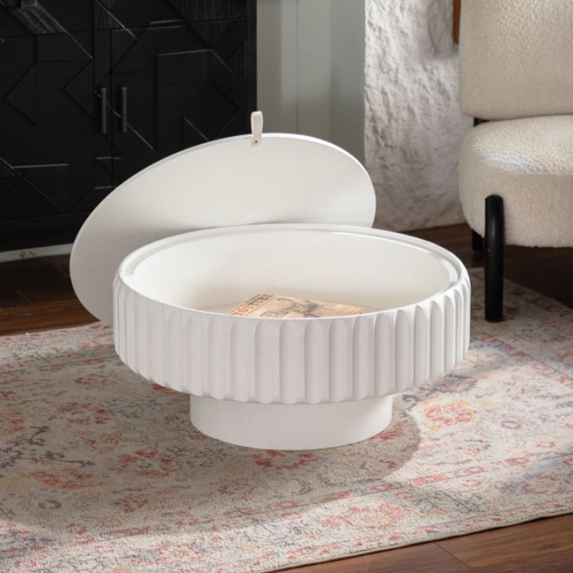 Leumius Coffee Table Fluted Storage Table with Lift-Off Lid, Sleek Texture Round Tea Table for Living Room Apartment White