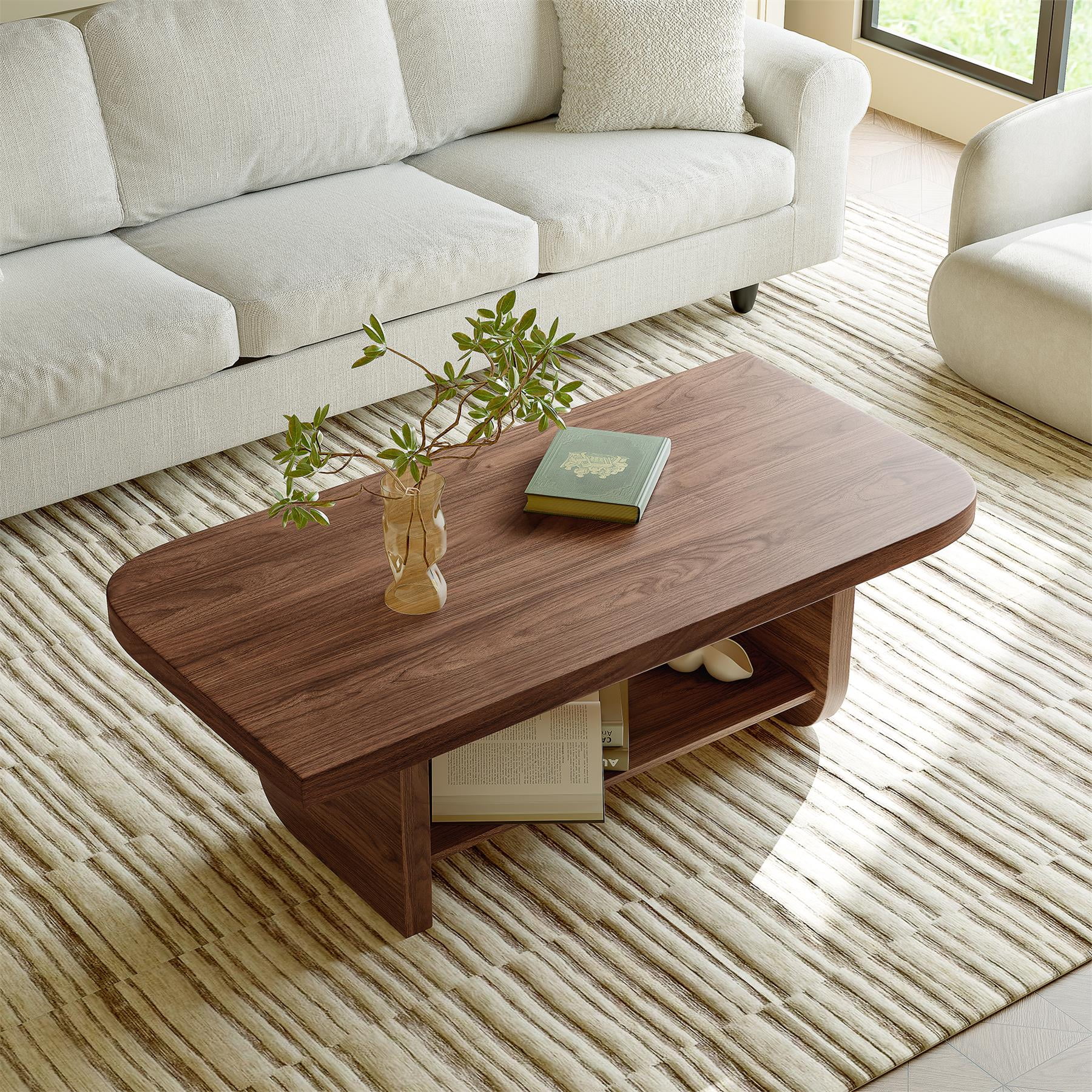 Leumius Coffee Table with Lower Storage Shelf, Mid-Century Modern Living Room Table, Farmhouse Accent Furniture for Living Room, Large Spaces