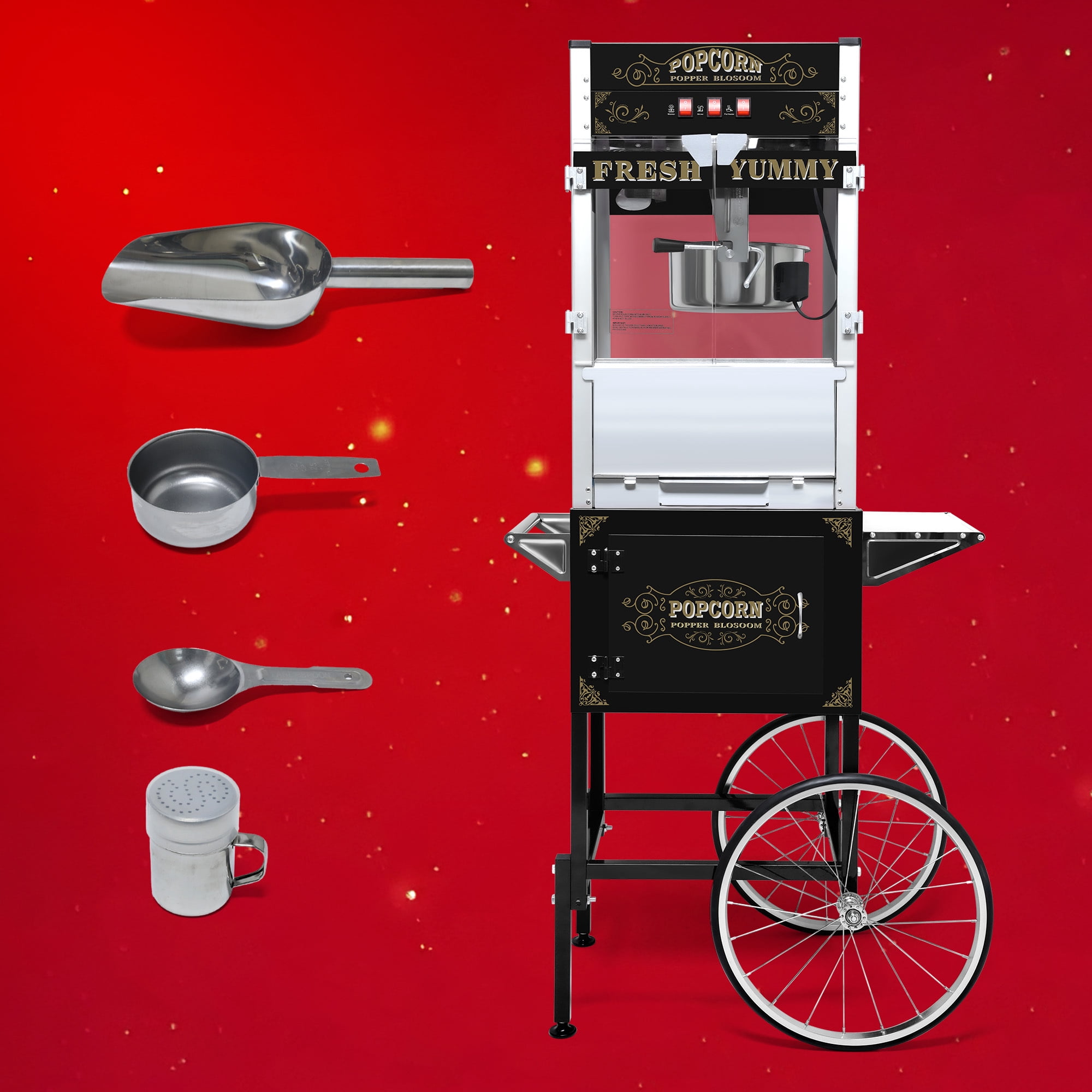 Leumius Commercial Popcorn Machine with Cart and 20-Ounce Kettle,Vintage-Style Popcorn with Tempered Glass and Warming Deck, 1450W Popcorn Popper for Parties, Events and Home Theater Black