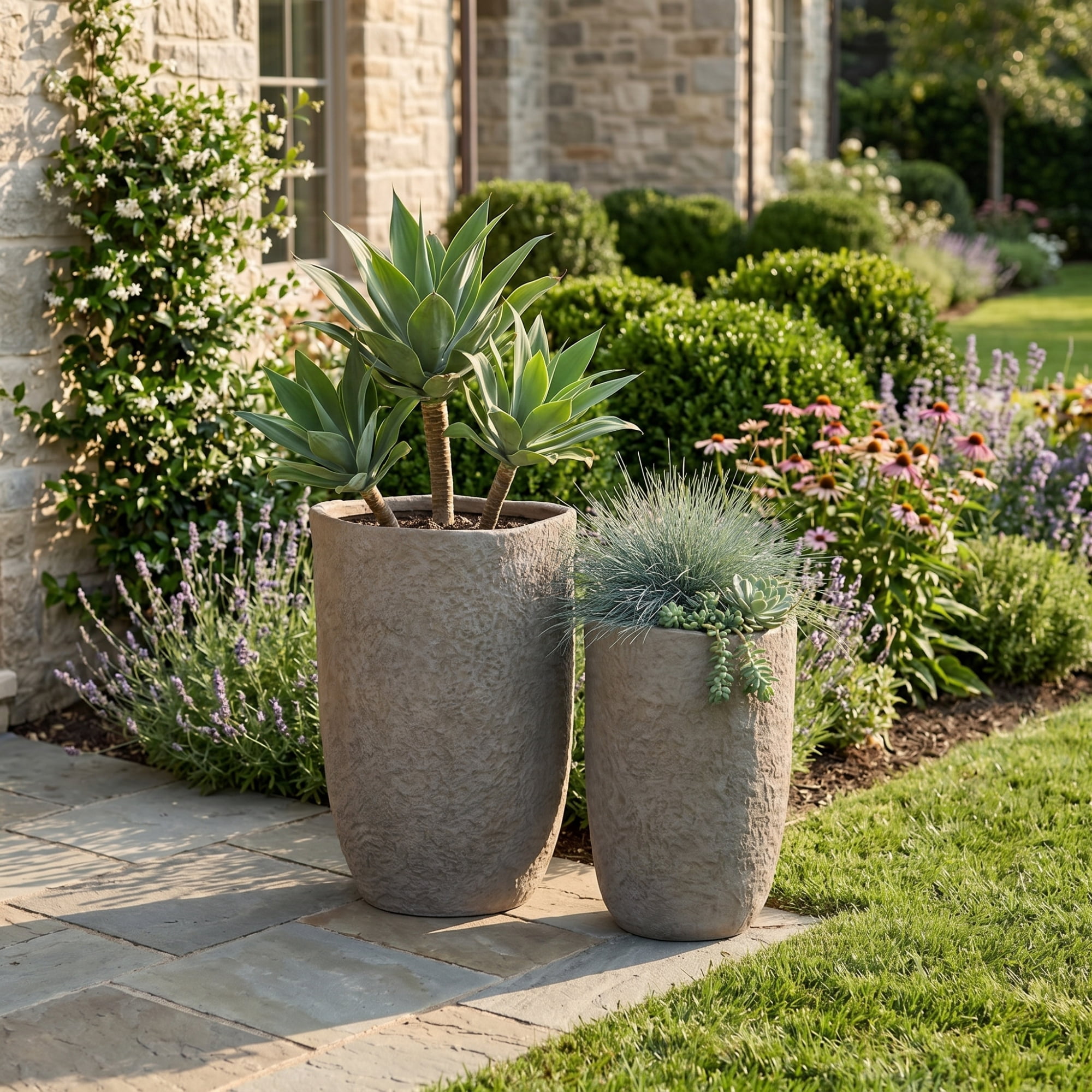 Leumius Concrete Planter Set of 2,Rustic Large Outdoor Indoor Handmade Decorative Planter with Drainage Holes for Home Garden Patio, 14" x 22" & 17" x 26",Coffee