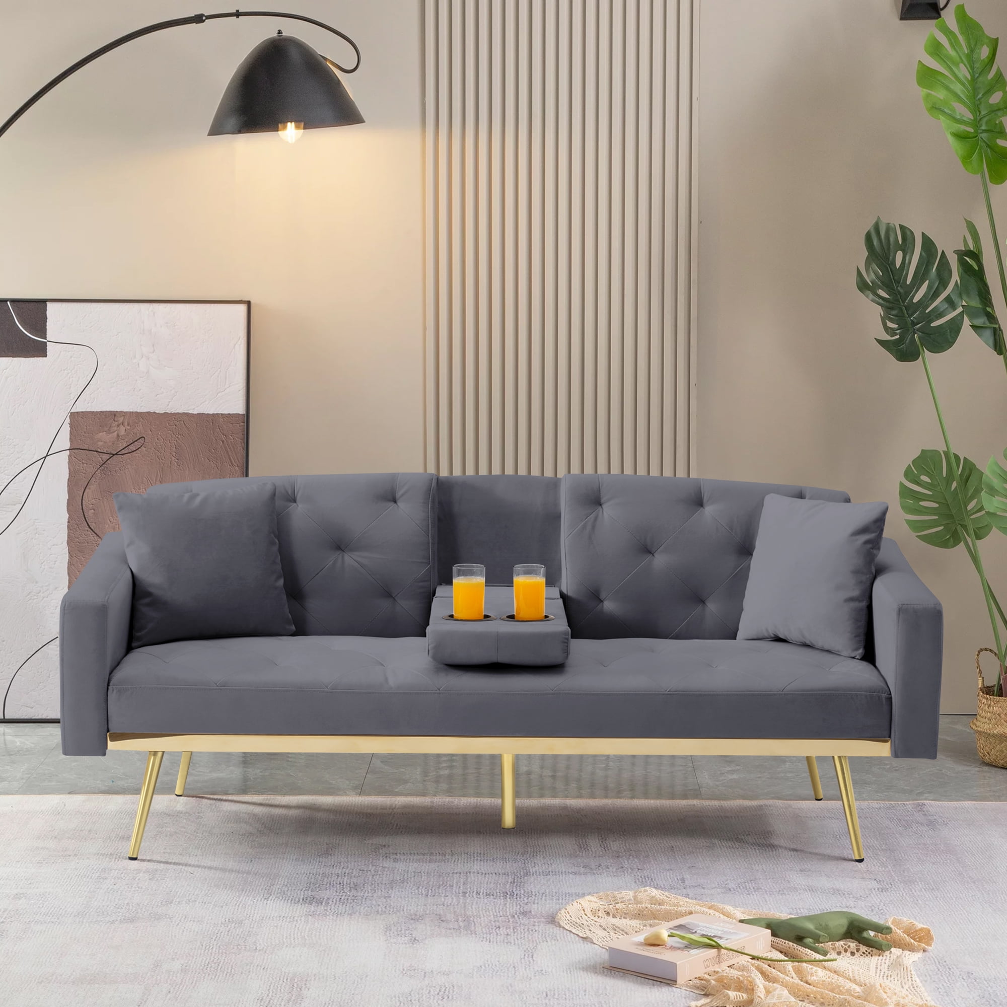 Leumius Convertible Futon Sofa with Cup Holders, Modern Velvet Folding