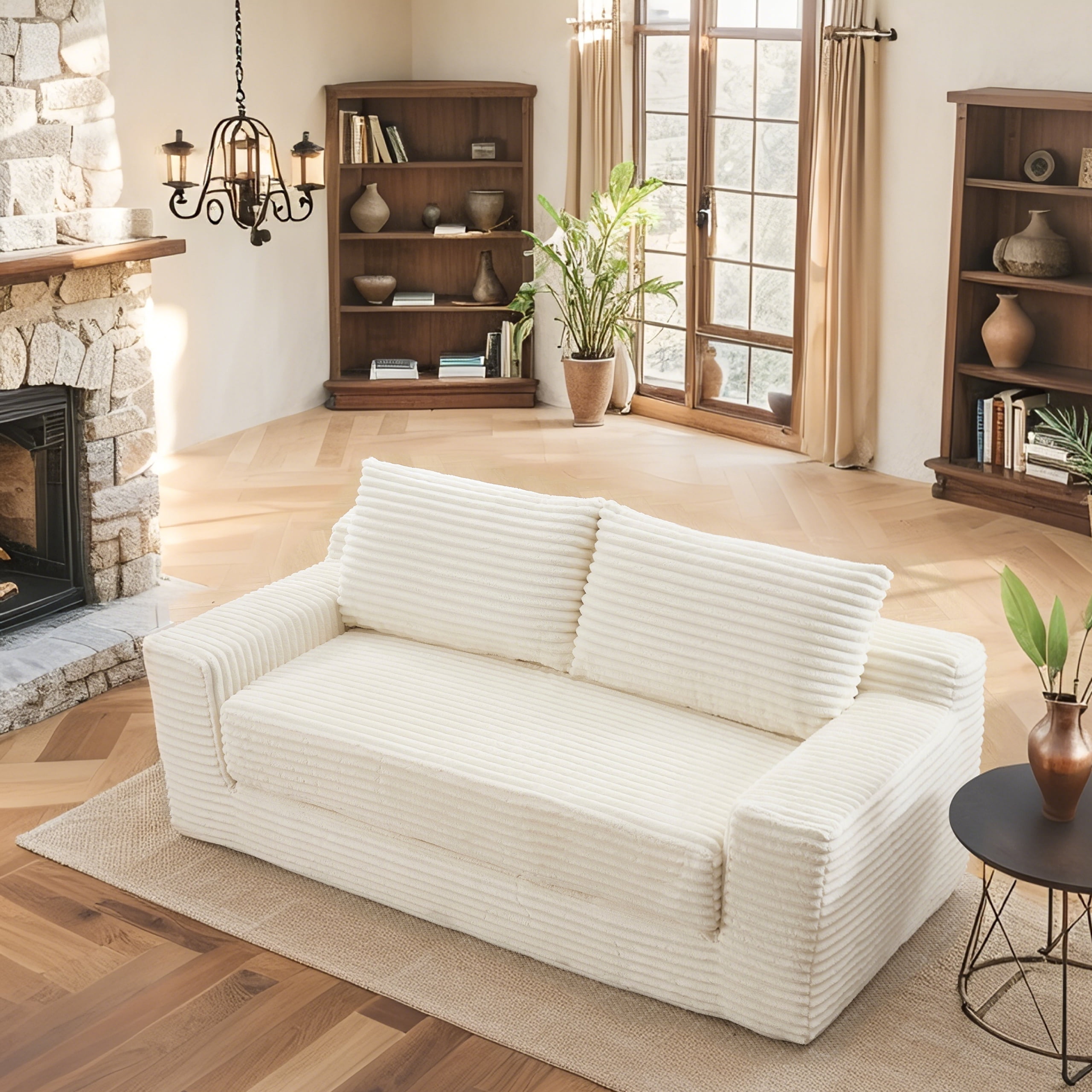 Leumius Convertible Loveseat Compression Sofa for Living Room,Corduroy 2 Seater Couch Memory Foam Sofa for Small Spaces,Apartments,Office,Beige