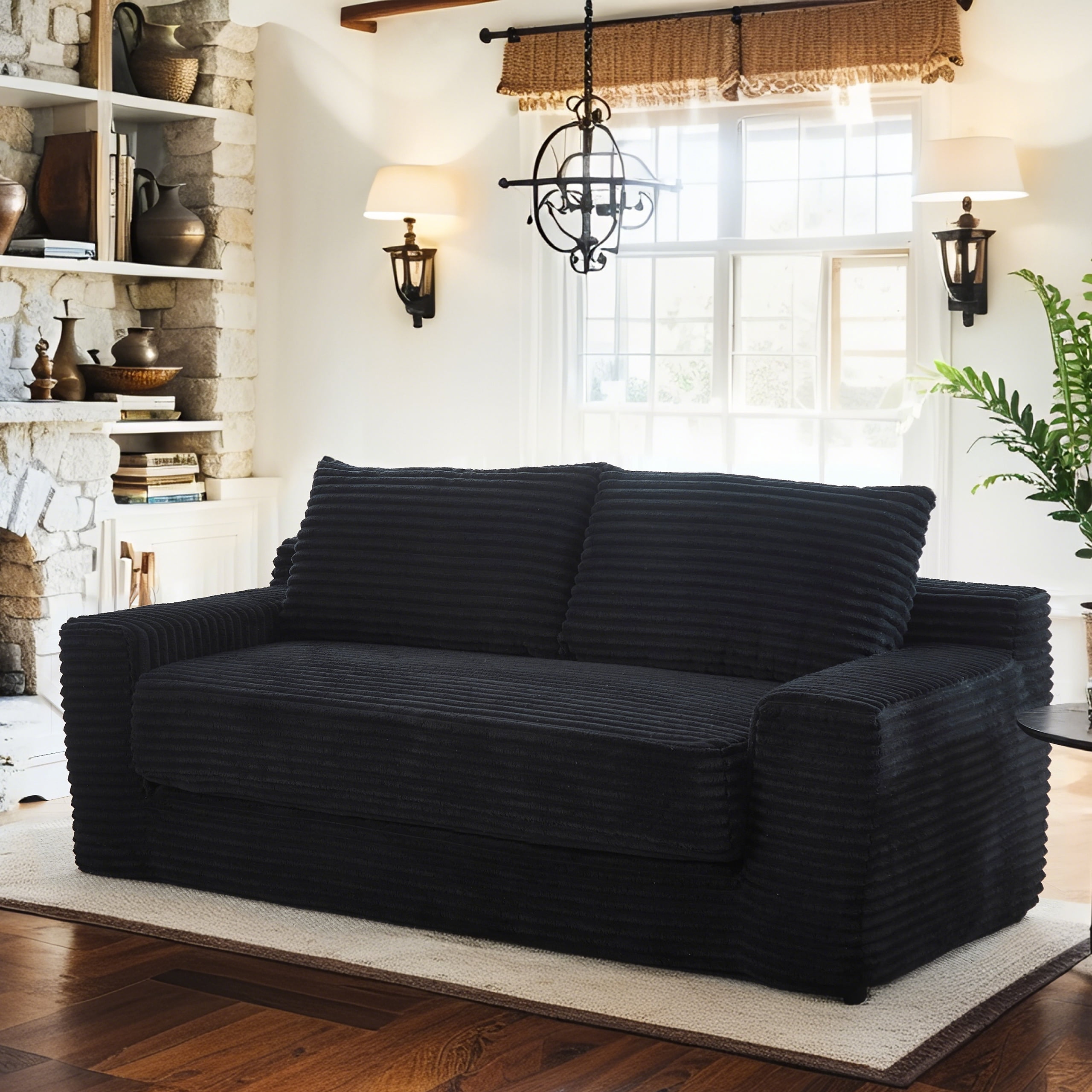 Leumius Convertible Loveseat Compression Sofa for Living Room,Corduroy 2 Seater Couch Memory Foam Sofa for Small Spaces,Apartments,Office,Black