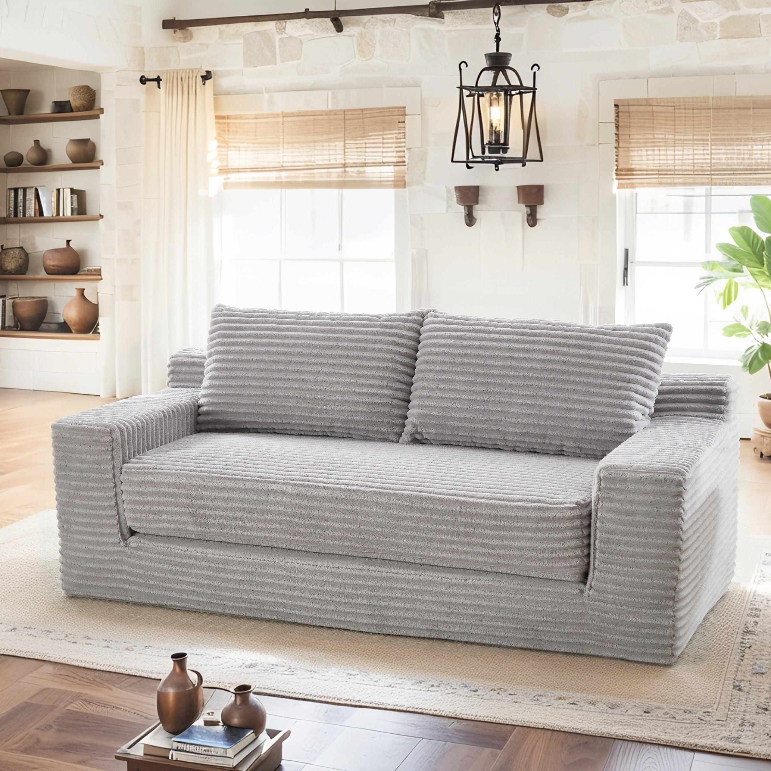 Leumius Convertible Loveseat Compression Sofa for Living Room,Corduroy 2 Seater Couch Memory Foam Sofa for Small Spaces,Apartments,Office,Grey