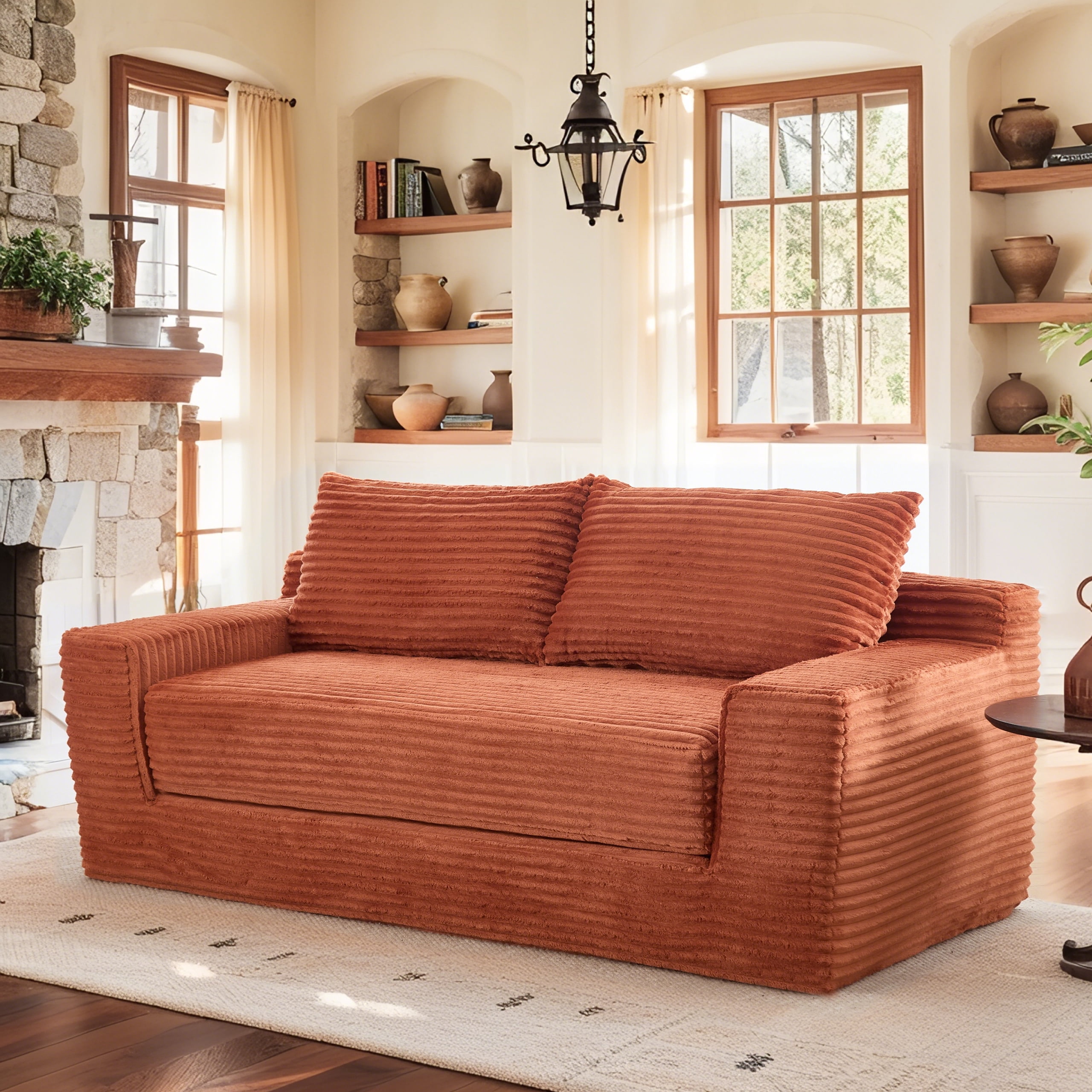Leumius Convertible Loveseat Compression Sofa for Living Room,Corduroy 2 Seater Couch Memory Foam Sofa for Small Spaces,Apartments,Office,Orange