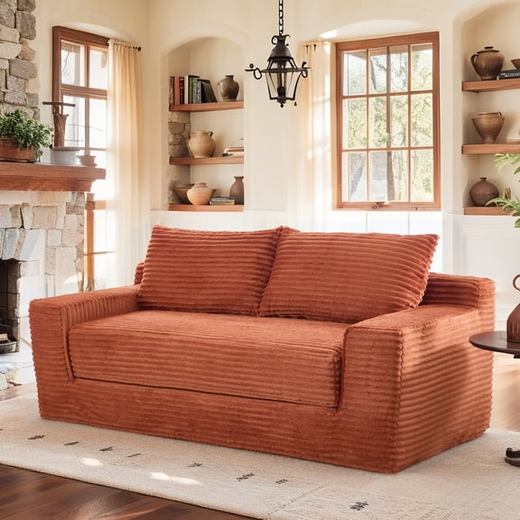 Leumius Convertible Loveseat Compression Sofa for Living Room,Corduroy 2 Seater Couch Memory Foam Sofa for Small Spaces,Apartments,Office,Orange